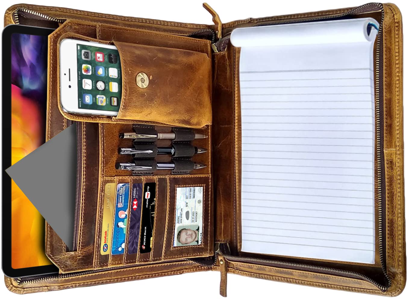 Professional Leather Padfolio for Business - Durable Zippered Portfolio Organizer with Multiple Slots & Compartments | Perfect Gift for Men & Women | Ideal for Meetings, Office Work & Business Travel