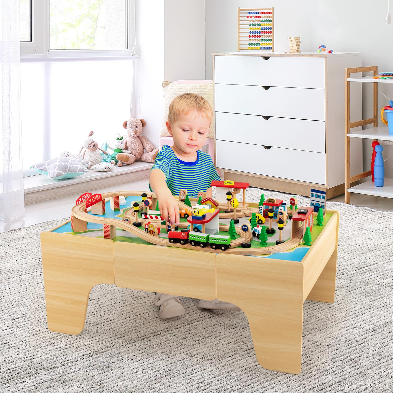 COSTWAY Solid Wood Train Table Set with 84-Piece Track, Storage Drawer & Natural Wooden Train Play Table for Kids Ages 3+ (97x62.5x39.5cm) - Perfect for Preschool Playrooms, Daycare Centers & Toddler Gift Ideas
