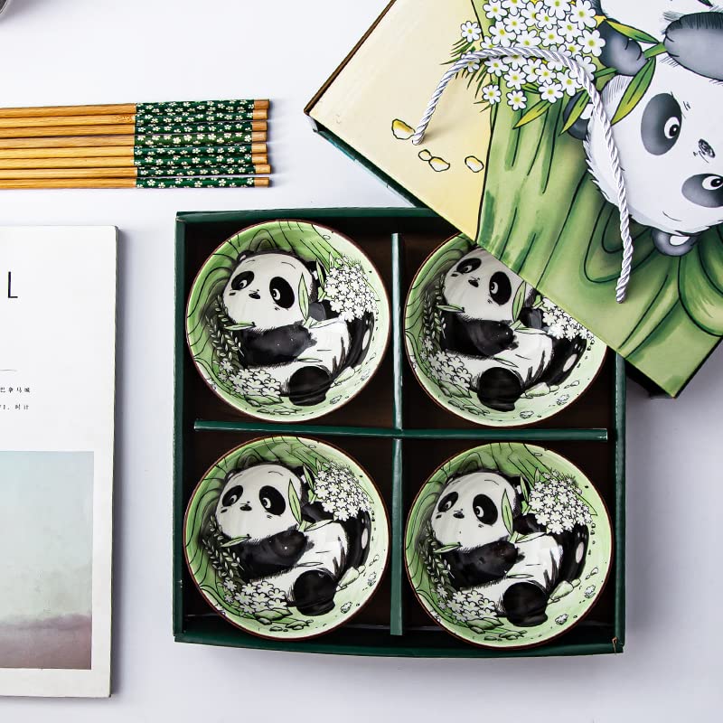 4pcs Cute Panda Ceramic Rice Bowls with Chopsticks - Asian Style Soup Noodle Dessert Bowls for Home Dining & Party Serving | Perfect for Ramen, Ice Cream, and Rice Dishes