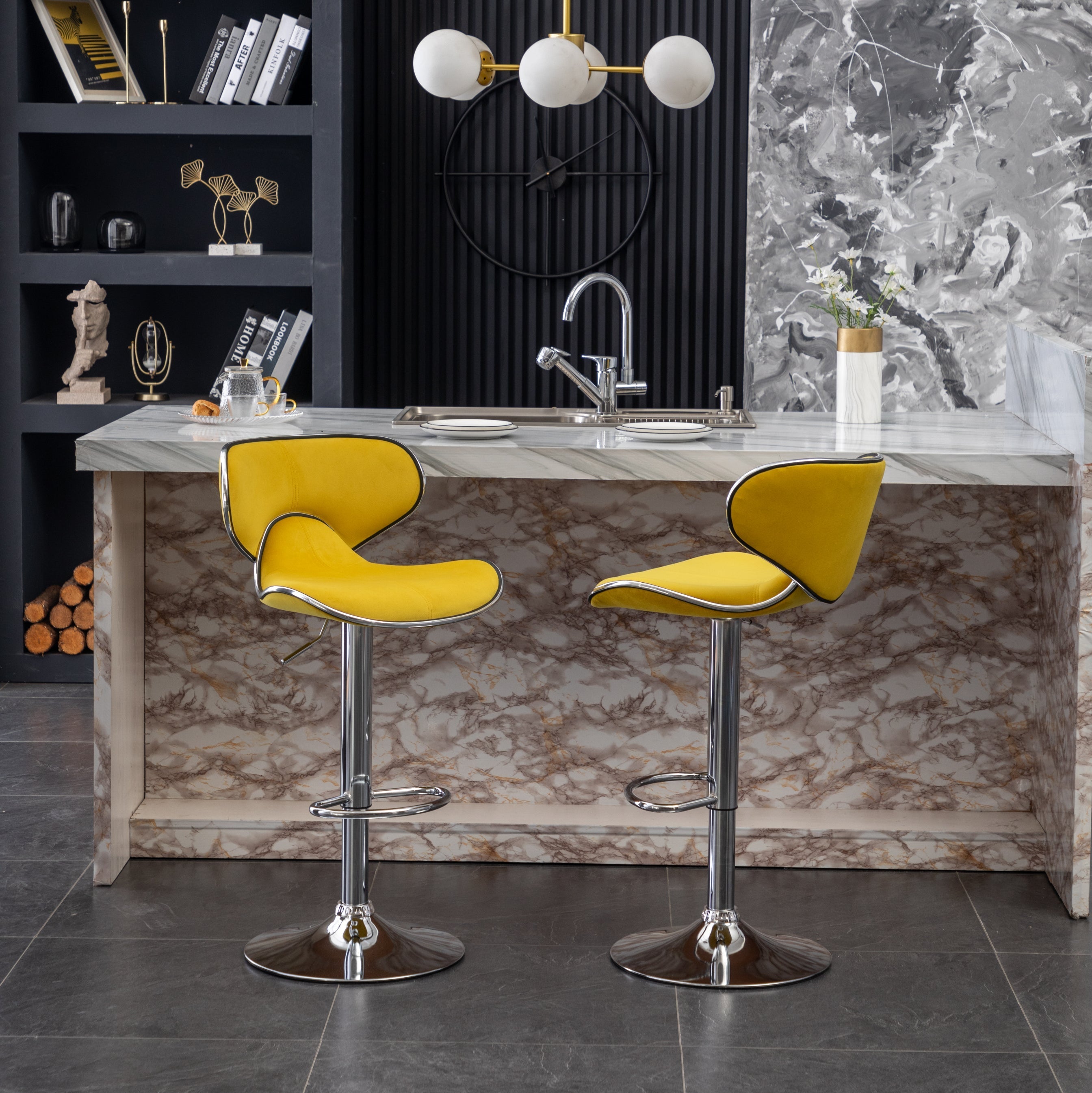 Roundhill Furniture Masaccio Velvet Upholstered Adjustable Swivel Bar Stool - Set of 2, Yellow - Perfect for Kitchen Islands, Home Bars & Breakfast Nooks