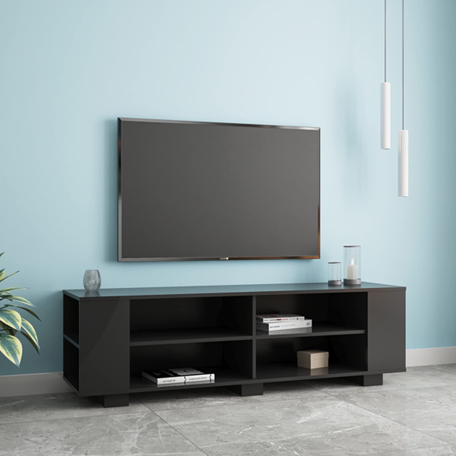 65 Inch TV Stand with Storage Cabinet & 8 Open Shelves - Modern Entertainment Center & Media Console for Living Room, Bedroom, Home Theater - Black