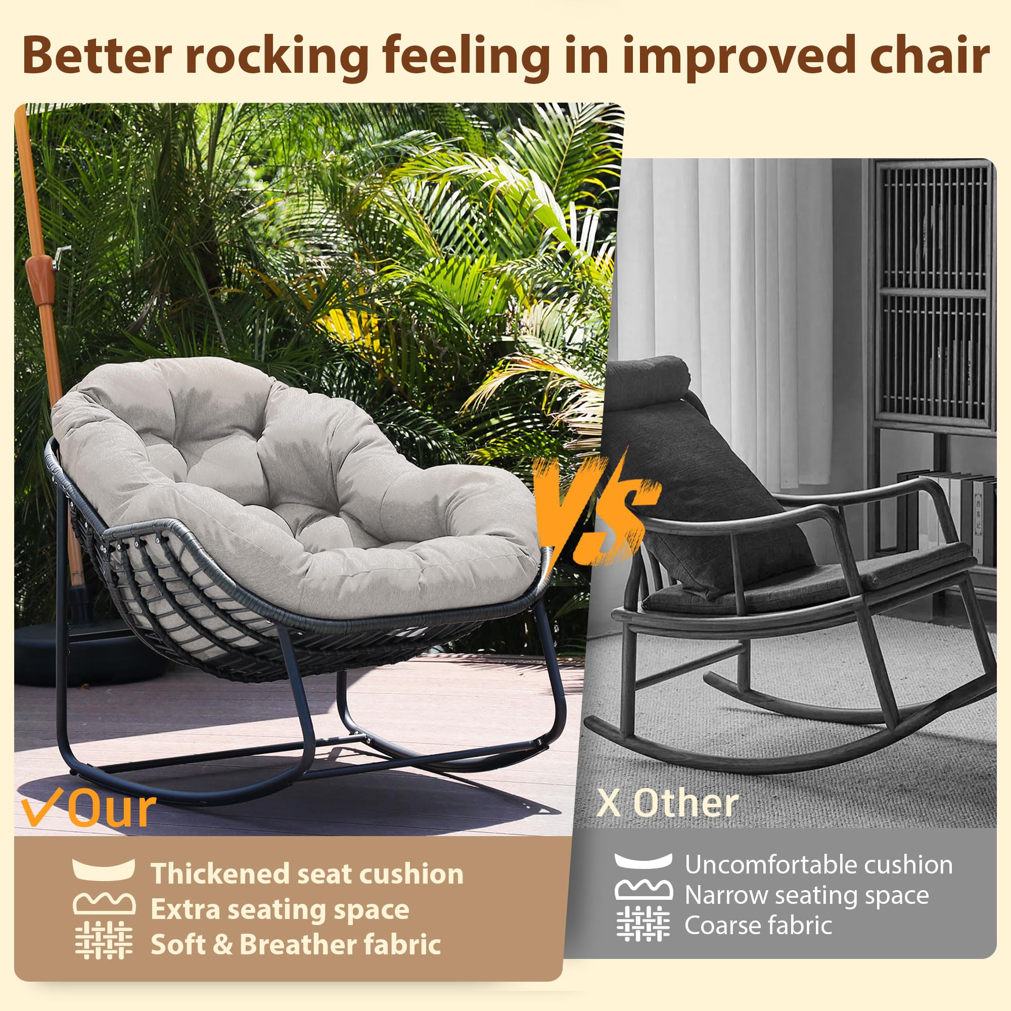 2-Piece Outdoor Rocking Chair Set - Patio Wicker Egg Chairs with Padded Cushions, Indoor/Outdoor Double Papasan Rockers in Light Grey - Perfect for Front Porch, Garden, Patio & Backyard Relaxation