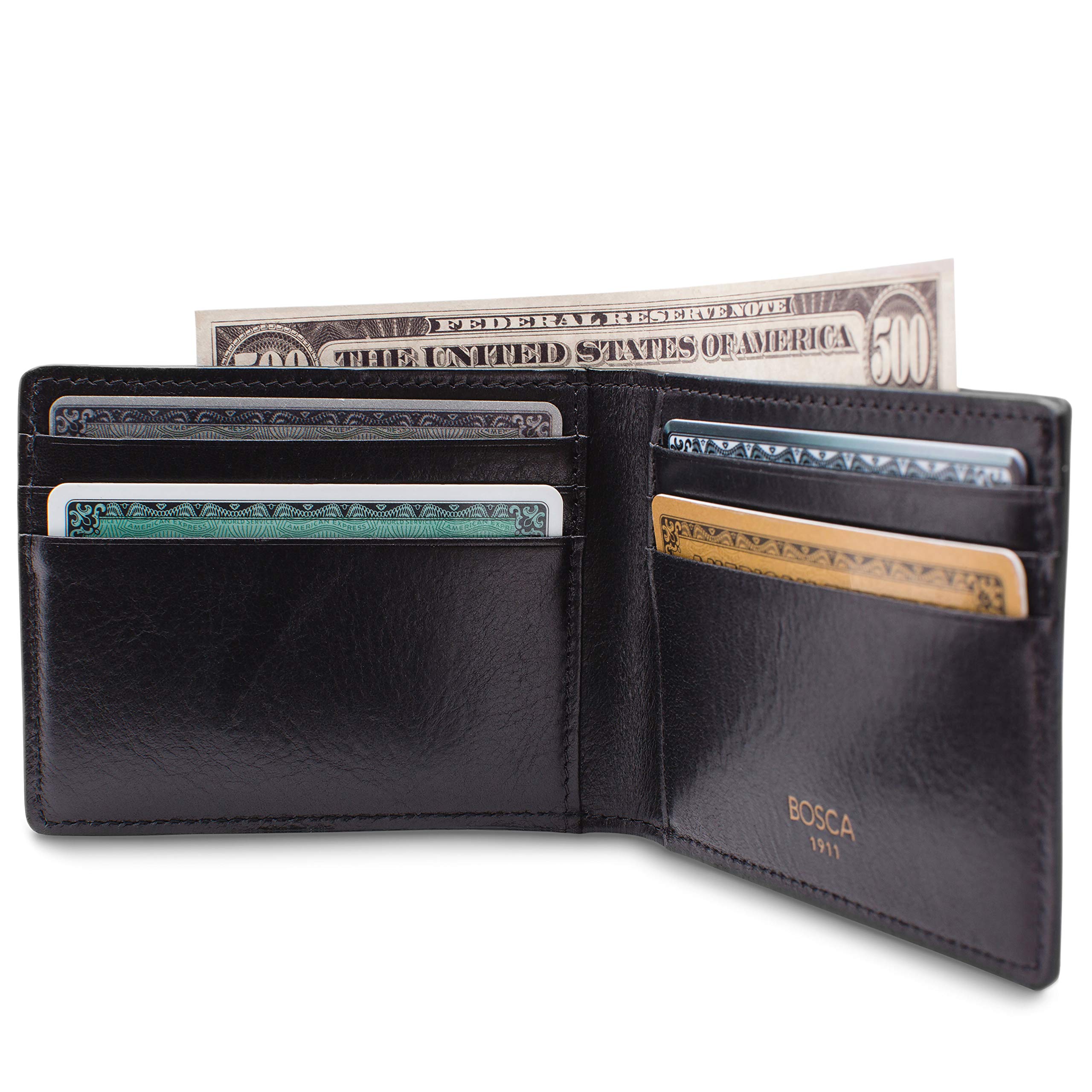 Bosca Men’s Genuine Leather Slim Bifold Wallet - RFID Blocking - Black - Perfect for Everyday Carry & Travel Essentials