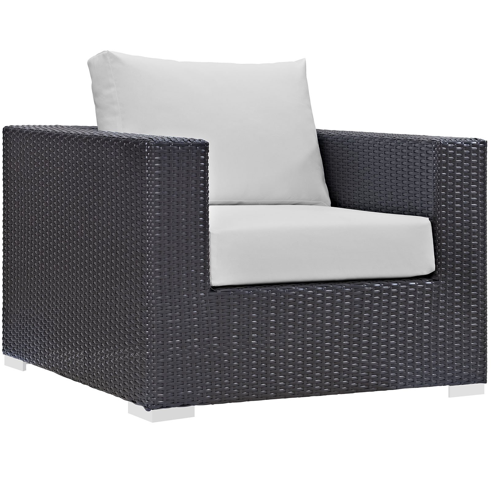 Modern Outdoor Patio Lounge Chair - White Wicker Rattan Armchair with Fabric Cushion for Garden, Balcony & Poolside Relaxation