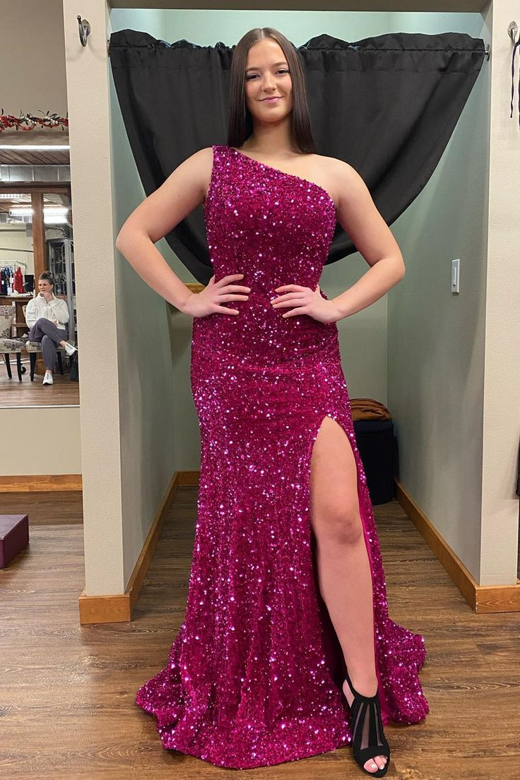 Fuchsia Sequin One Shoulder Mermaid Long Prom Dress with High Slit - Elegant Evening Gown for Homecoming, Pageant, and Formal Events - J4258