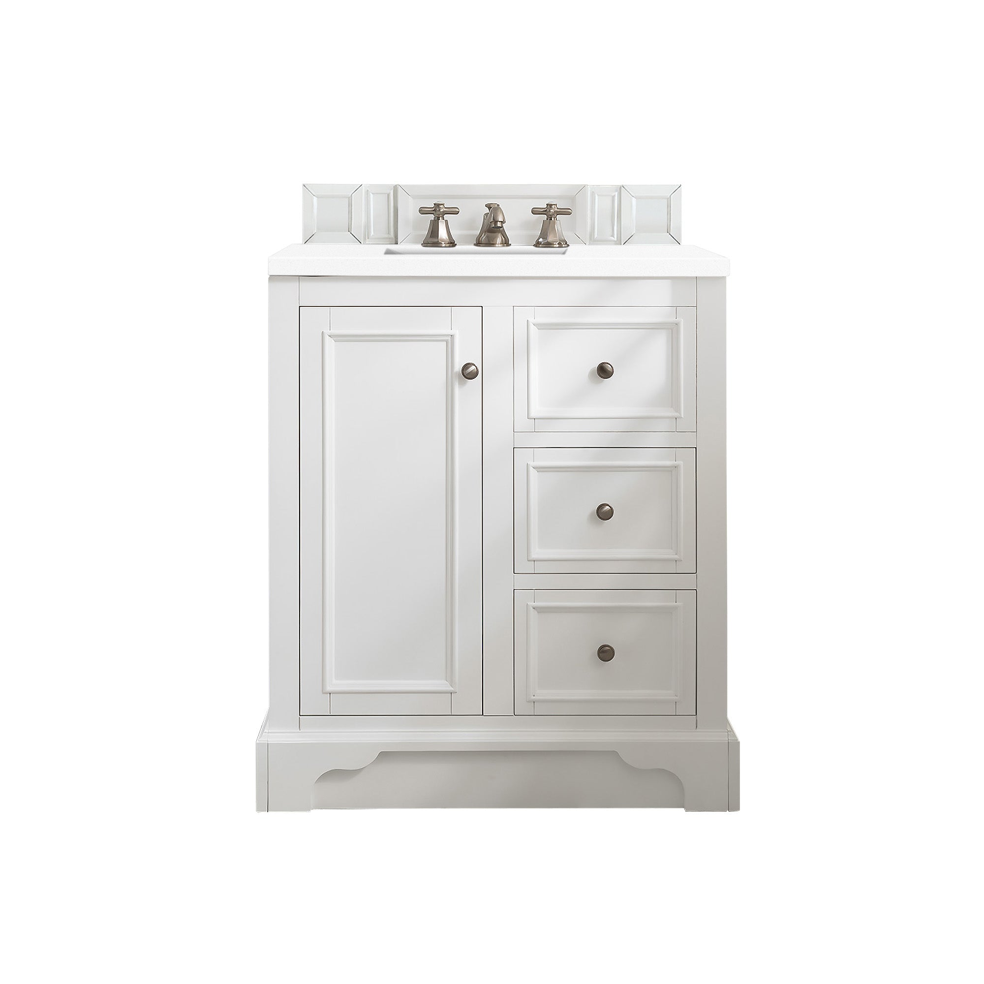 De Soto 30 Inch Single Bathroom Vanity Set with White Zeus Quartz Countertop - Bright White Finish, 3CM Thick - Perfect for Modern Home Bathroom Remodeling & Small Space Solutions