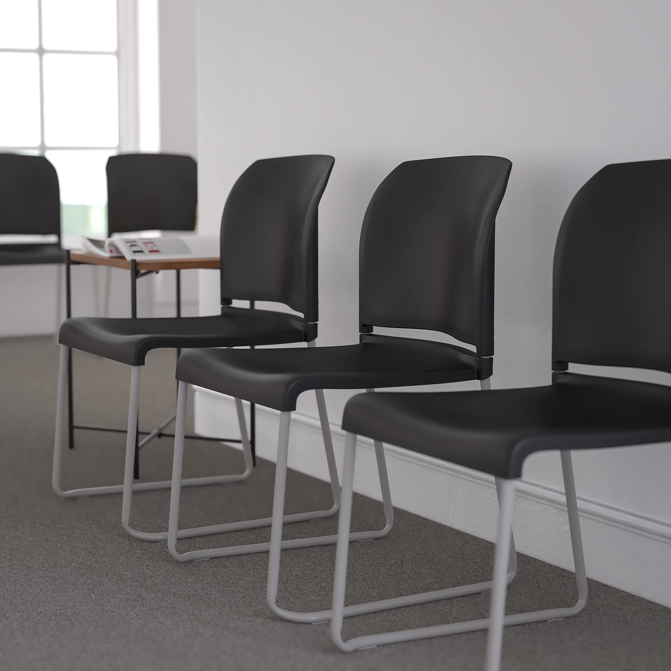 Black Full Back Contoured Sled Base Stack Chair for Home & Office - Comfortable Guest Seating for Reception Areas, Conference Rooms & Waiting Lounges