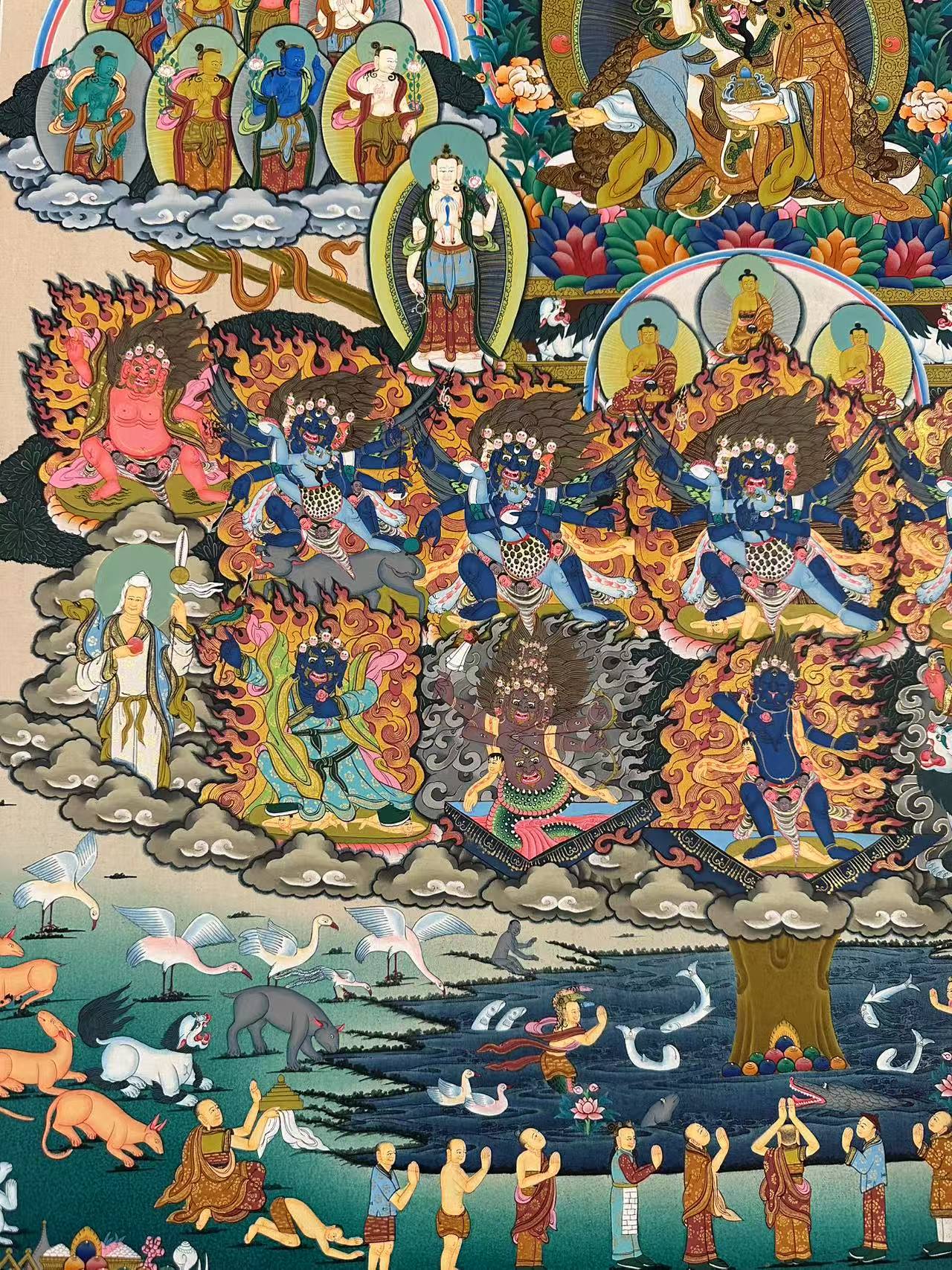 Authentic Guru Padmasambhava in Consort Lineage Tree Large Thangka Painting | Handmade Tibetan Buddhist Wall Art | Perfect for Meditation Rooms, Yoga Studios & Spiritual Decor