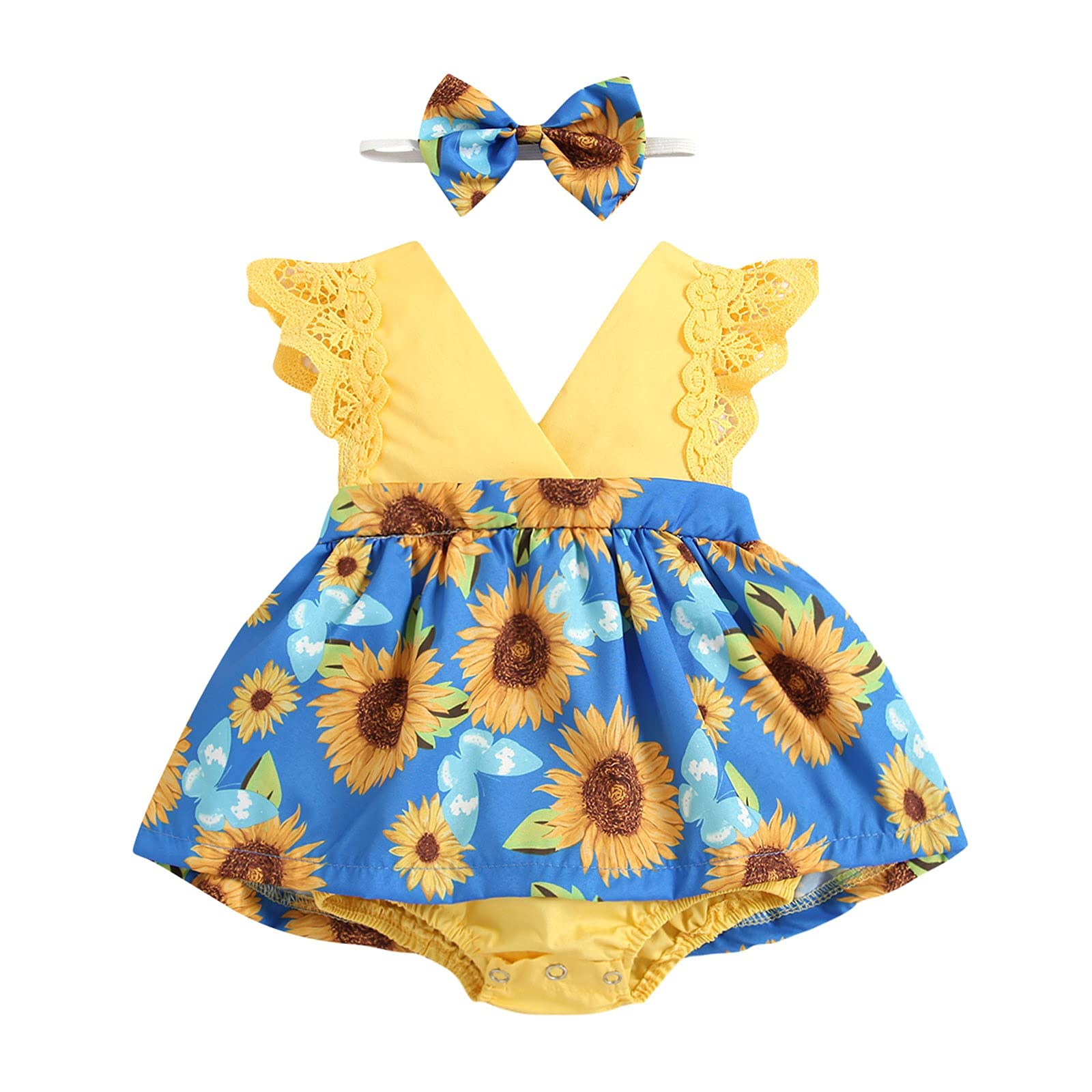 Sunflower Print Baby Girl Romper Jumpsuit with Headband Set | Newborn Outfit for Photoshoots, Birthday Parties & Special Occasions