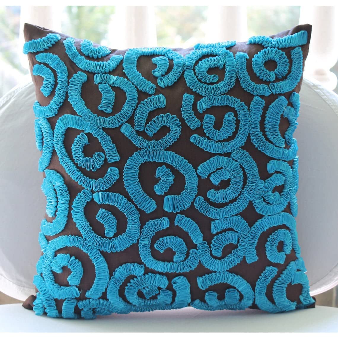 Premium Brown & Blue Abstract Silk Euro Sham Pillow Covers 26x26 Inch (65x65 cm) - Contemporary European Style Bedding Decor for Easter, Living Room, Master Bedroom & Guest Room