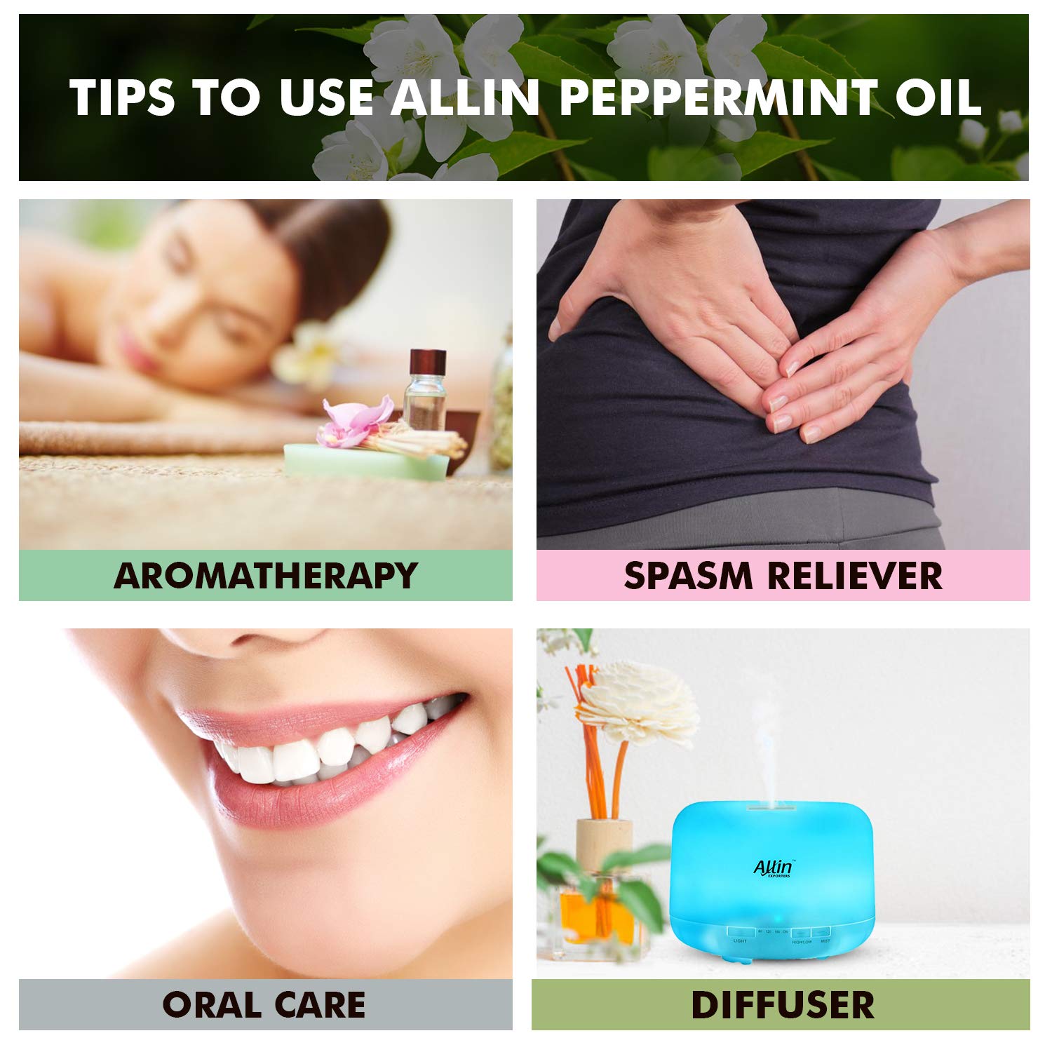 Allin Exporters 100% Pure Peppermint Essential Oil - 15ml Therapeutic Grade for Aromatherapy, Skin Care & Home Fragrance | Eliminates Odors, Relieves Stress | Perfect for Diffusers, Massage & DIY Beauty Products