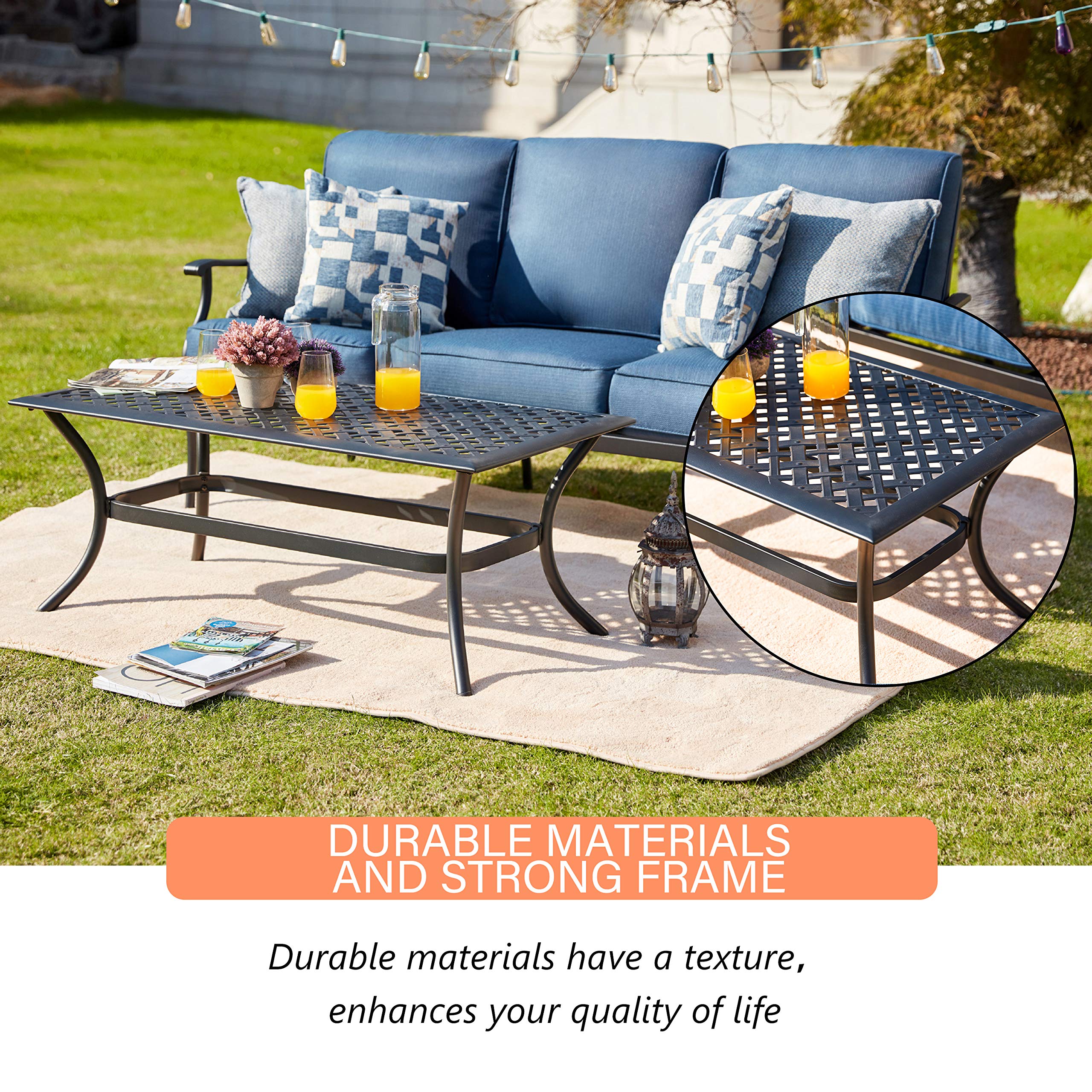 LOKATSE HOME 3-Seat Metal Outdoor Loveseat Bench with Coffee Table - Patio Bistro Set for Garden, Yard, Porch or Poolside - Durable Weather-Resistant Blue Steel Furniture (Perfect for Relaxing, Entertaining Guests & Outdoor Dining)