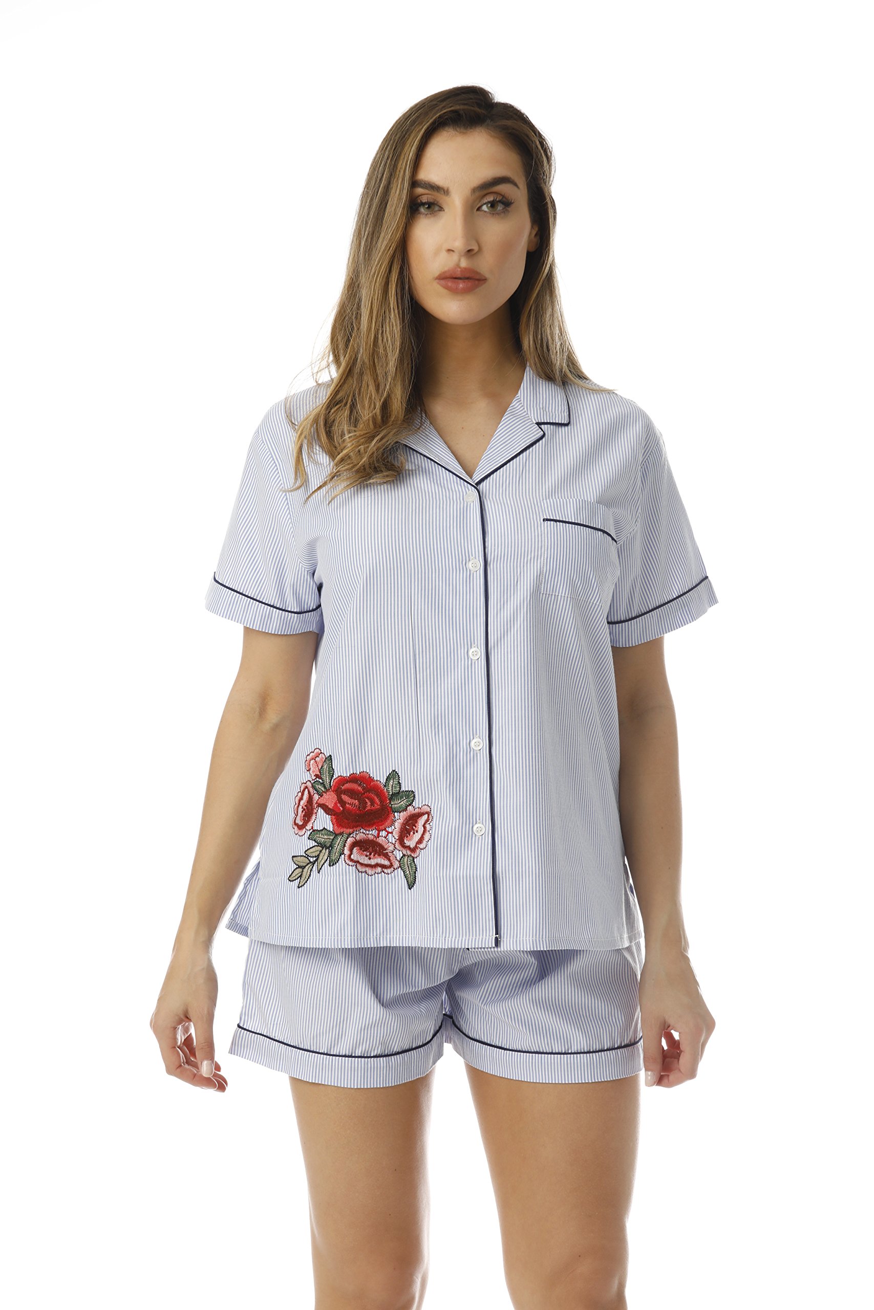 Women's Striped Short Sleeve Pajama Set with Floral Embroidery - Soft Cotton Sleepwear for Summer Nights, Lounge Wear & Vacation Outfits