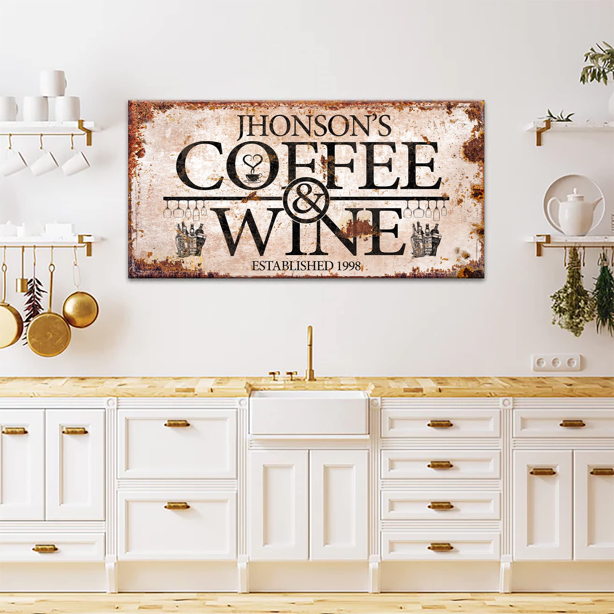 Custom Coffee Bar Sign - Personalized Light Rustic Coffee & Wine Wall Art for Home, Kitchen, Office (48x24in) | Small & Large Canvas Decor for Coffee Station & Business | Perfect for Farmhouse & Cafe Style