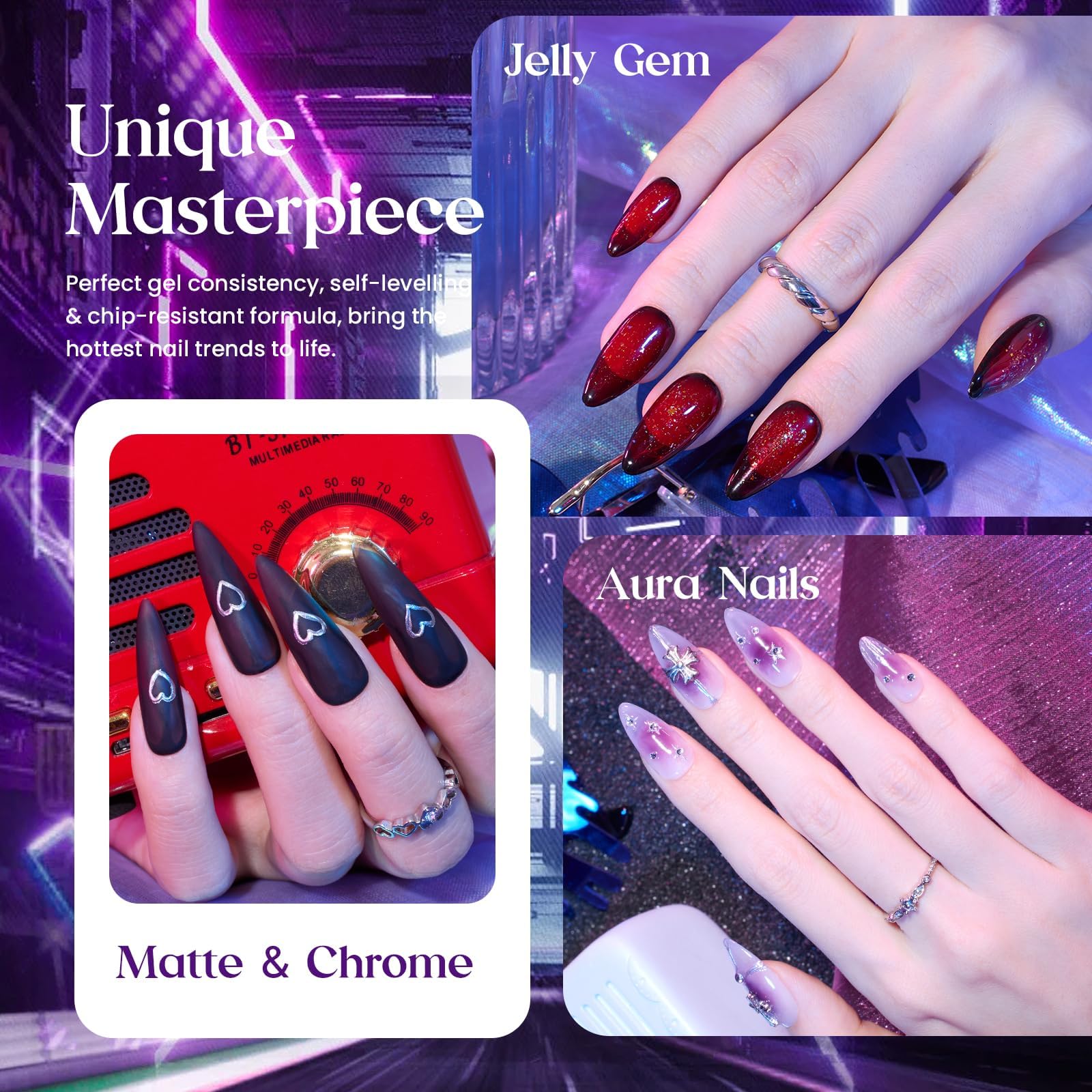 Beetles 6 Colors Jelly Gel Nail Polish Set - Pink, Red, Black, Blue, Green, Purple Sheer Translucent UV Soak Off Gel for Manicure | Spring Summer Nail Art Gift for Women | Perfect for Home Salon, DIY Nails & Professional Use
