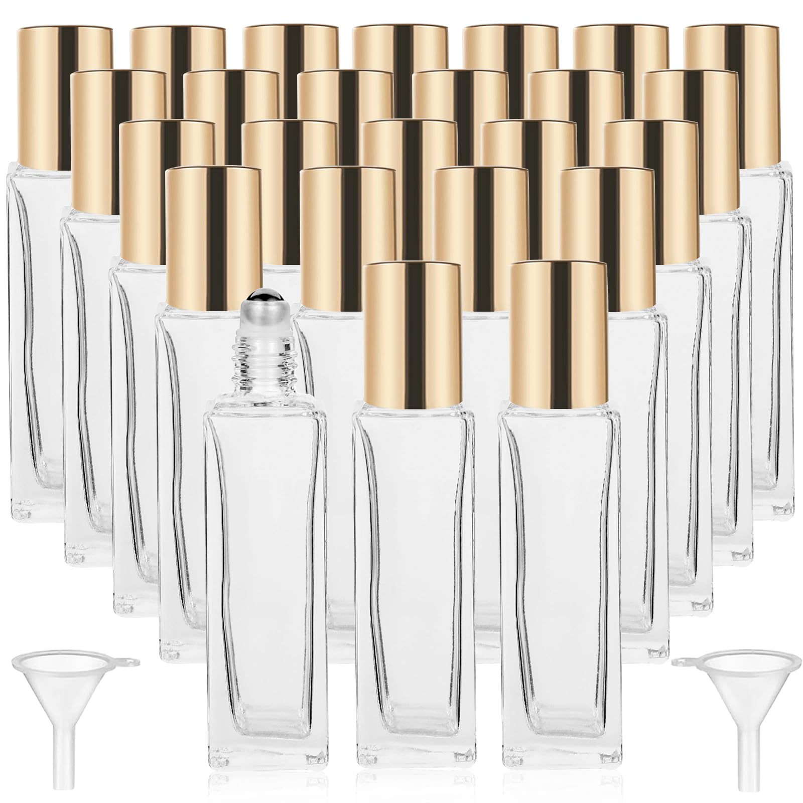 25 Pcs 10ml Essential Oil Roller Bottles - Square Thick Glass Roller Bottles with Stainless Steel Balls, Leakproof & Travel-Friendly (Includes 2 Funnels, Gold) - Perfect for Aromatherapy, DIY Blends & On-the-Go Use
