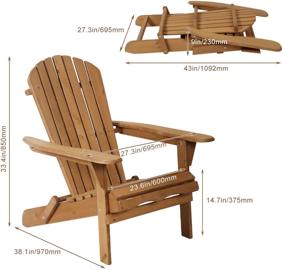 BSTOPHKL All-Weather Folding Wooden Adirondack Chair - Natural Patio Lounger for Outdoor Relaxation by Fire Pit, Garden, Lawn & Backyard - Durable Accent Furniture (1 Piece)