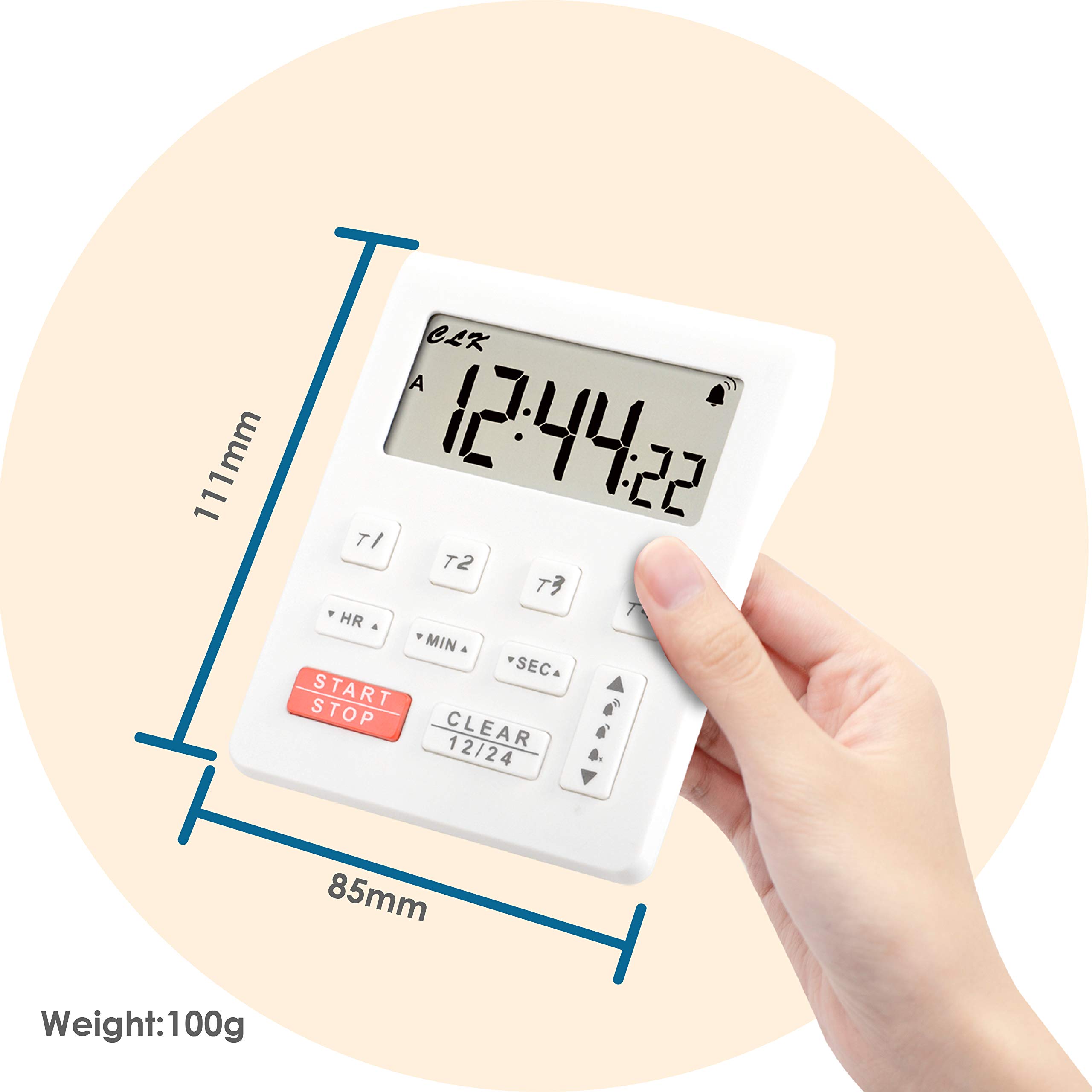 Runleader Digital Kitchen Timer with 4 Countdown Timers & Stopwatch - Large Display 12/24H Clock with Alarm - Perfect for Baking, Cooking, Homework & Fitness (White-205) | Compact Desktop Timer for Home, Office & Gym Use