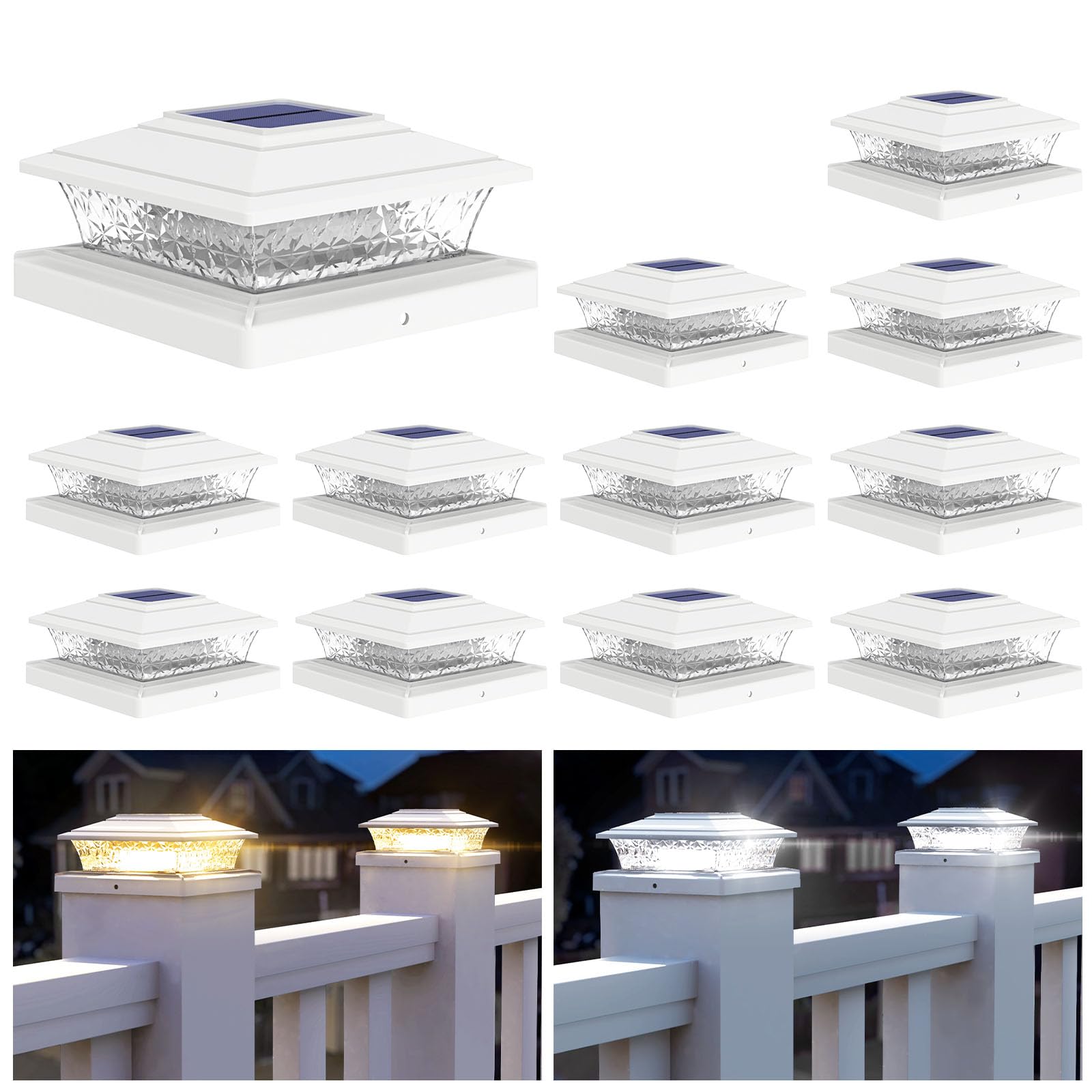 APONUO 12 Pack Solar Post Lights Outdoor - 16 LED Solar Powered Fence Post Cap Lights for 4x4 5x5 6x6 Vinyl & Wooden Posts, Waterproof with 2 Lighting Modes - Perfect for Deck, Fence, Porch, Garden & Pathway Lighting (White)