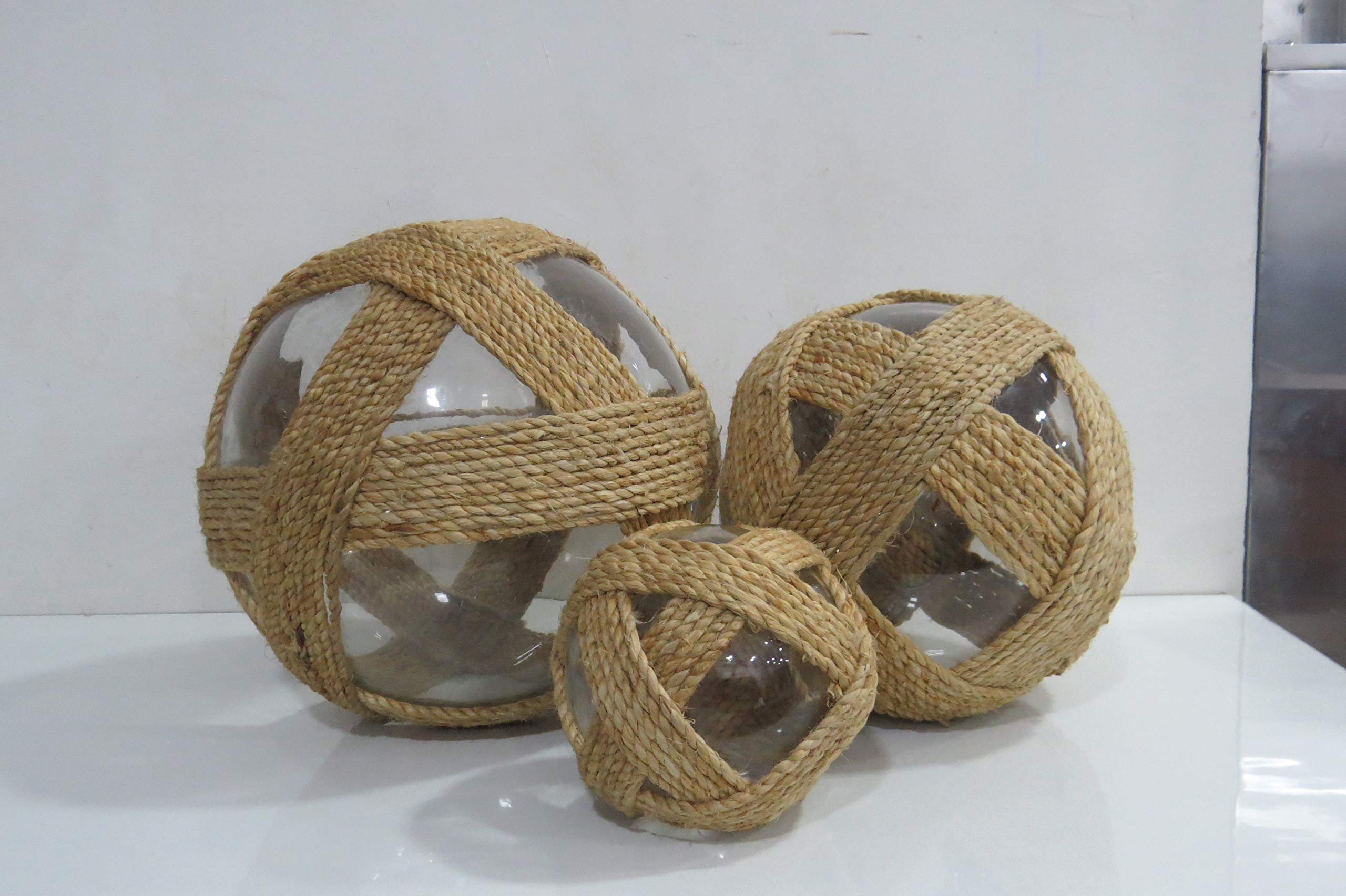 Natural Jute Rope Hanging Glass Ball Decor - Set of 3 Clear Window Ornaments for Boho Home Decor, Wedding Centerpieces & Garden Party Decorations