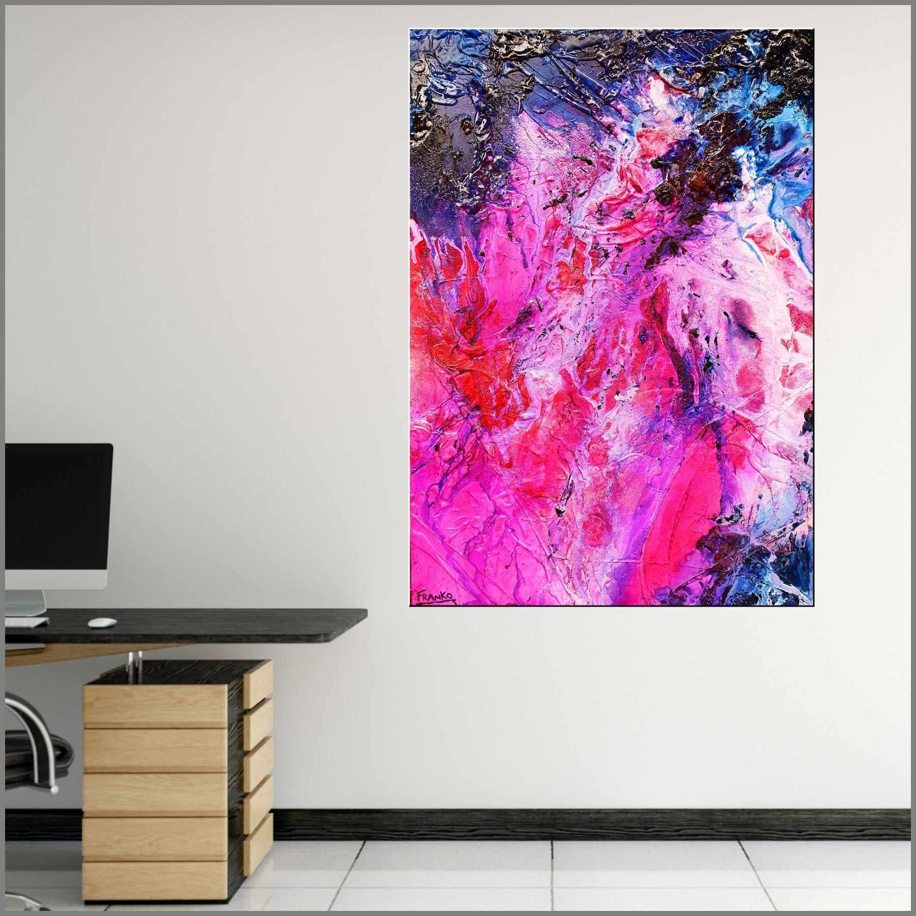 Atomic Ninja 140cm x 100cm Pink Blue Textured Abstract Canvas Art - Modern Wall Decor for Living Room, Bedroom & Office