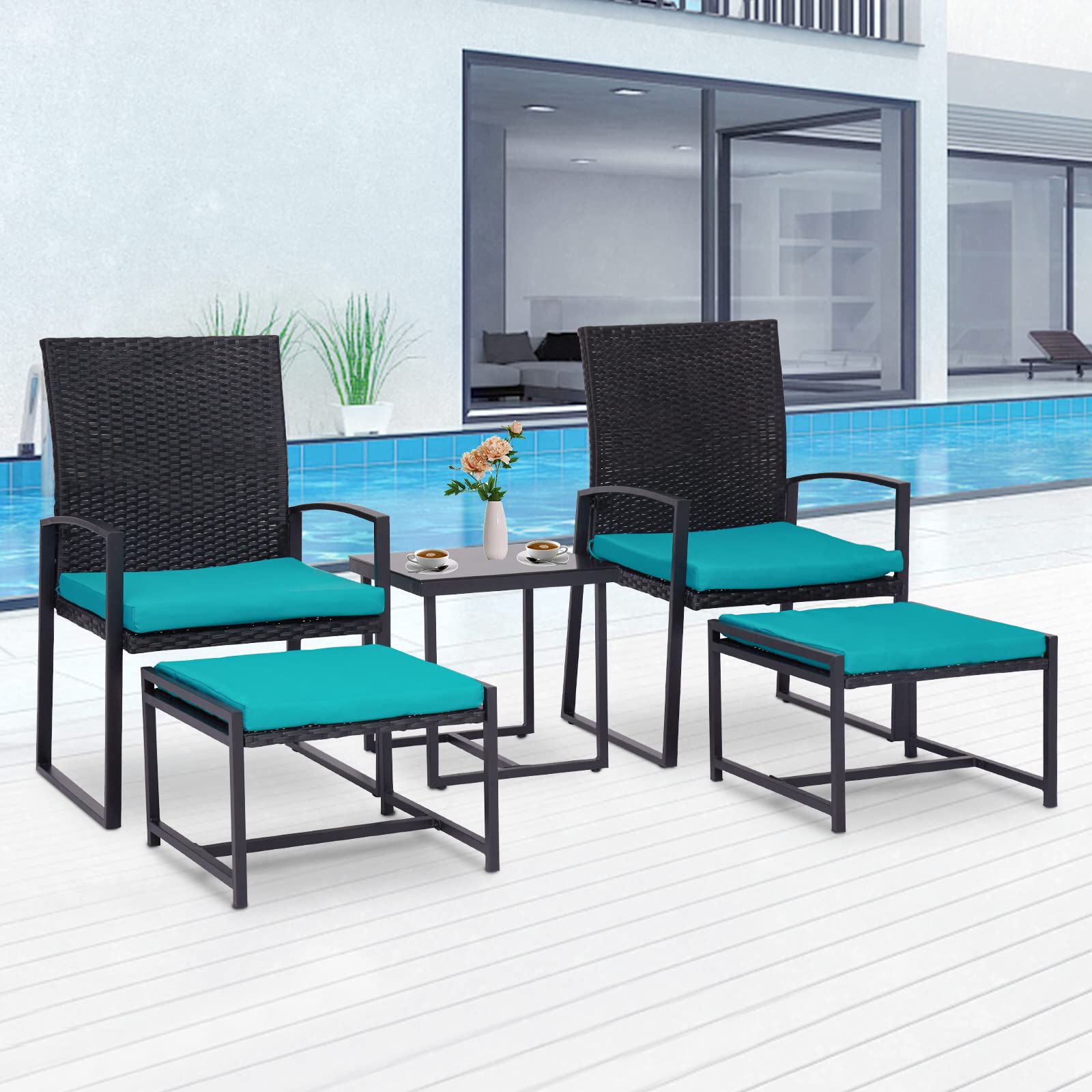 Kintness 5-Piece Wicker Outdoor Patio Furniture Set with Ottoman & Coffee Table - Blue Rattan Conversation Set for Porch, Balcony, Poolside - Perfect for Backyard Relaxation and Outdoor Entertaining