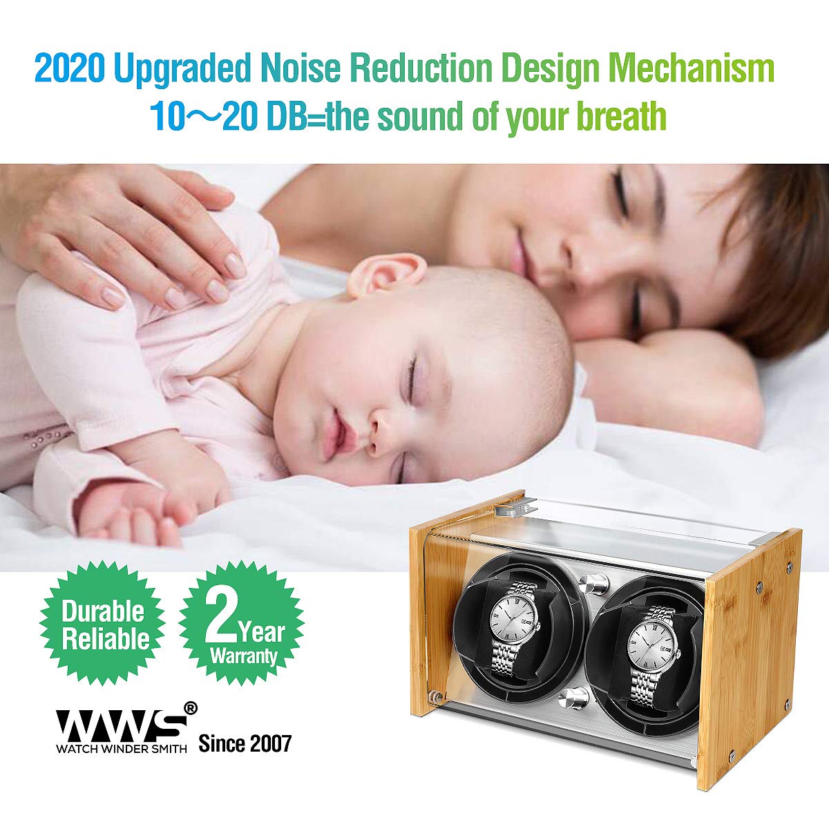 Premium Watch Winder for 2 Automatic Watches - Silent Bamboo Wooden Watch Box with 4 Rotation Modes & Quiet Motor | Perfect for Rolex, Omega & Luxury Watch Storage | Gift for Watch Collectors & Enthusiasts