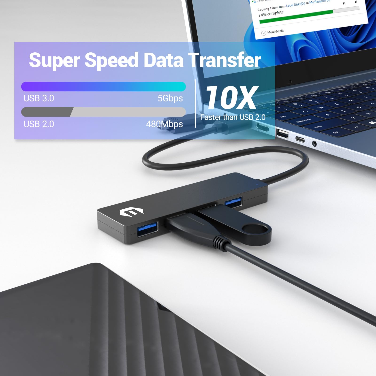 TOTU 4-Port USB 3.0 Hub with USB-C Adapter - 5Gbps High-Speed Data Transfer for Laptop, PC, Smartphone & Tablet - Perfect for Home Office, Gaming & Multi-Device Charging