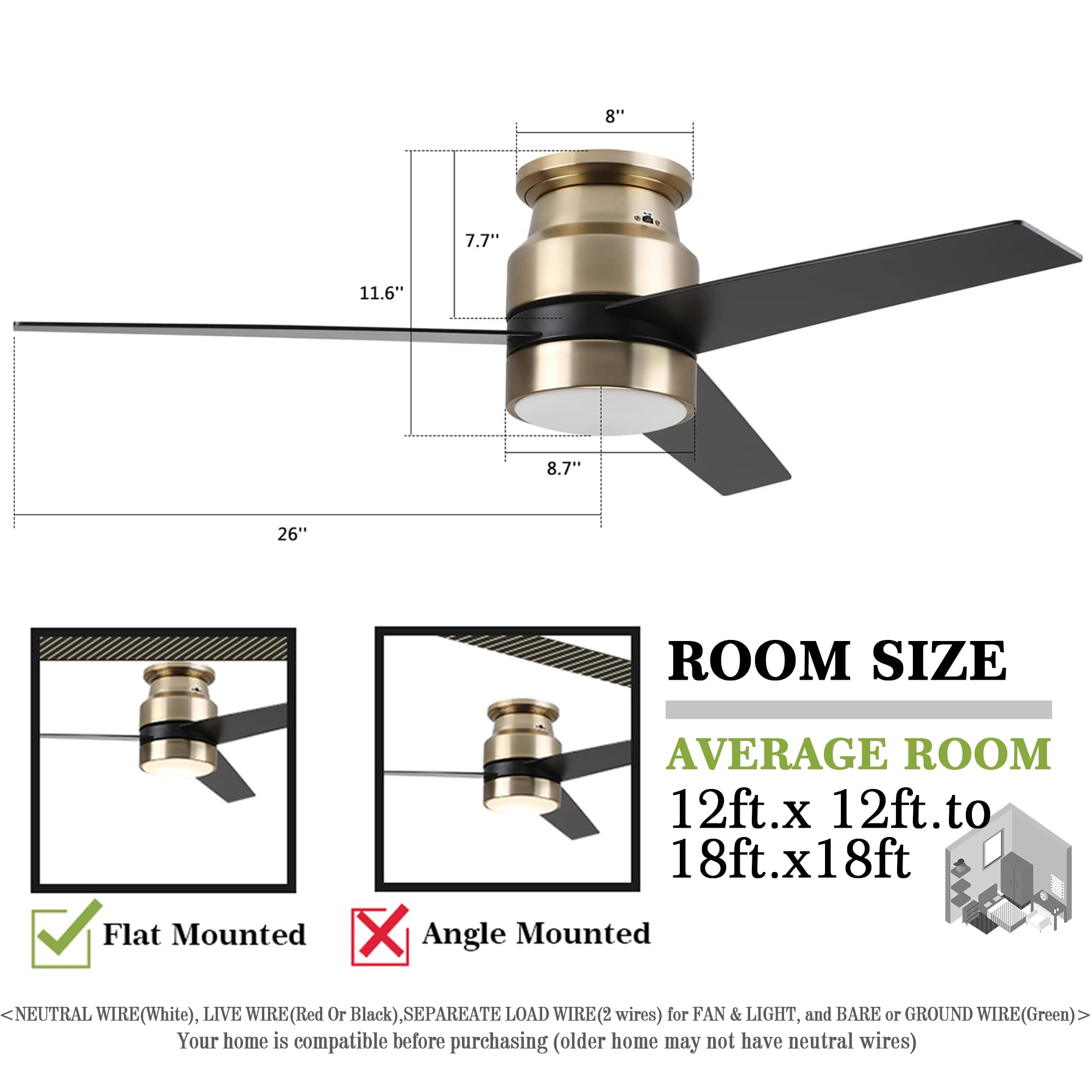 52 Inch Smart Ceiling Fan with LED Light - Alexa/Google Assistant/Siri Compatible, Reversible Motor, Timer Function - Perfect for Bedroom, Living Room & Office - Requires Ground/Neutral/Live Wire (No Remote Included)