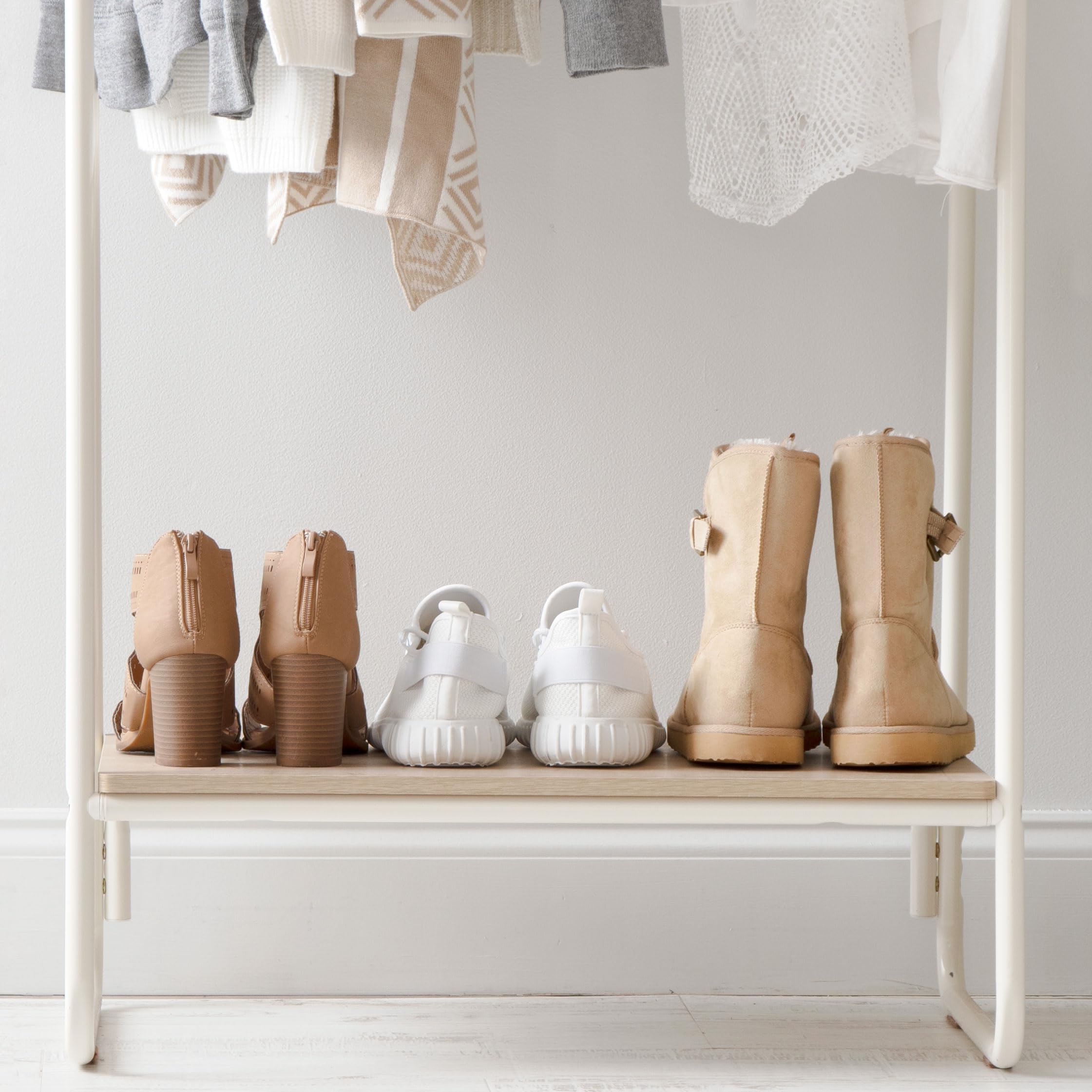 IRIS USA Freestanding Clothes Rack with Wood Shelf - Sturdy Metal Garment Rack for Hanging Clothes | Easy Assembly Space-Saving Storage Solution for Bedroom, Closet & Laundry Room (White)