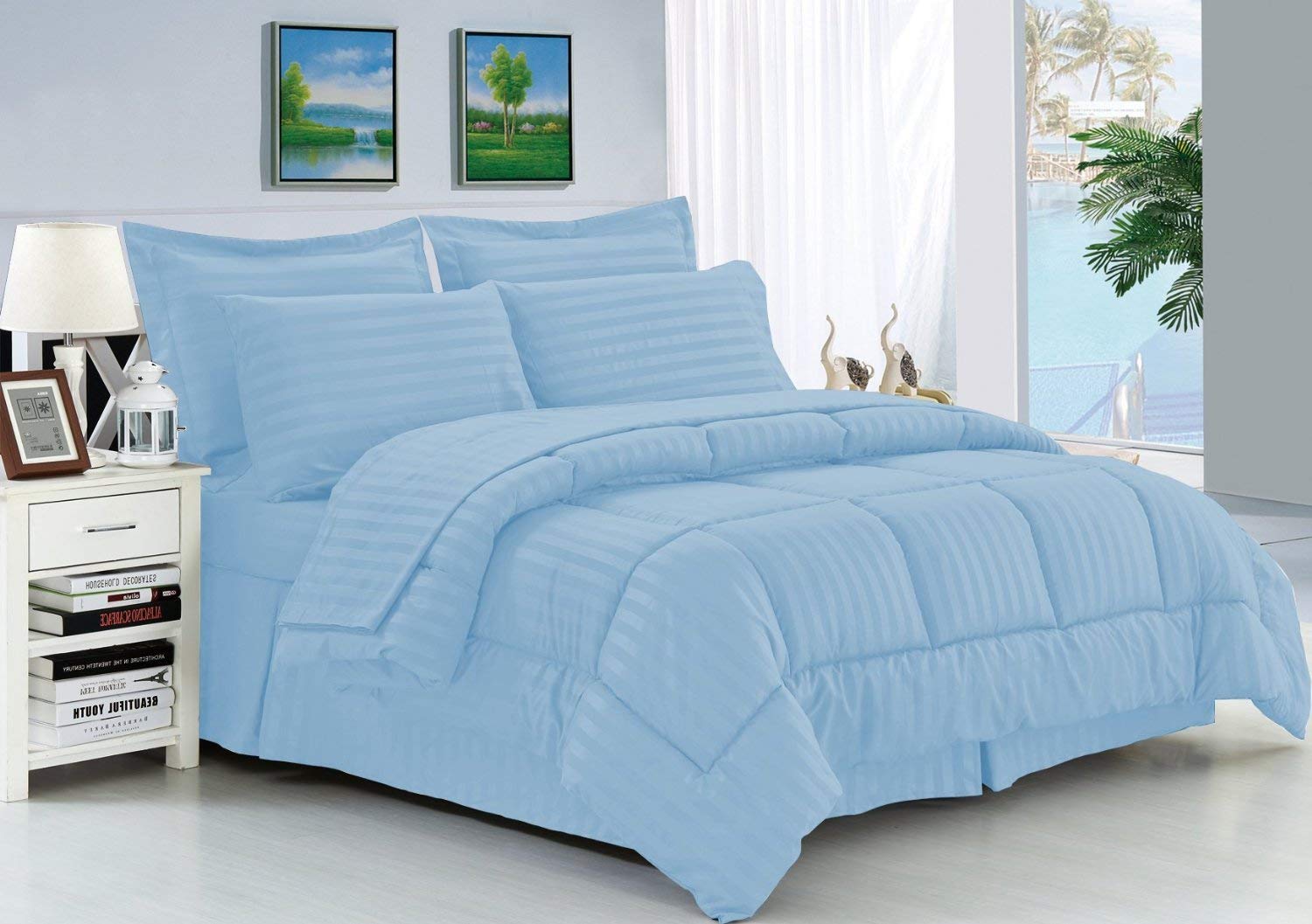 Luxury 350 Thread Count 100% Egyptian Cotton Comforter - King/Cal-King Size, Light Blue Stripe, 100 GSM Fiber Fill | Dream'z Bedding | Perfect for Master Bedrooms, Guest Rooms & Cozy Nights