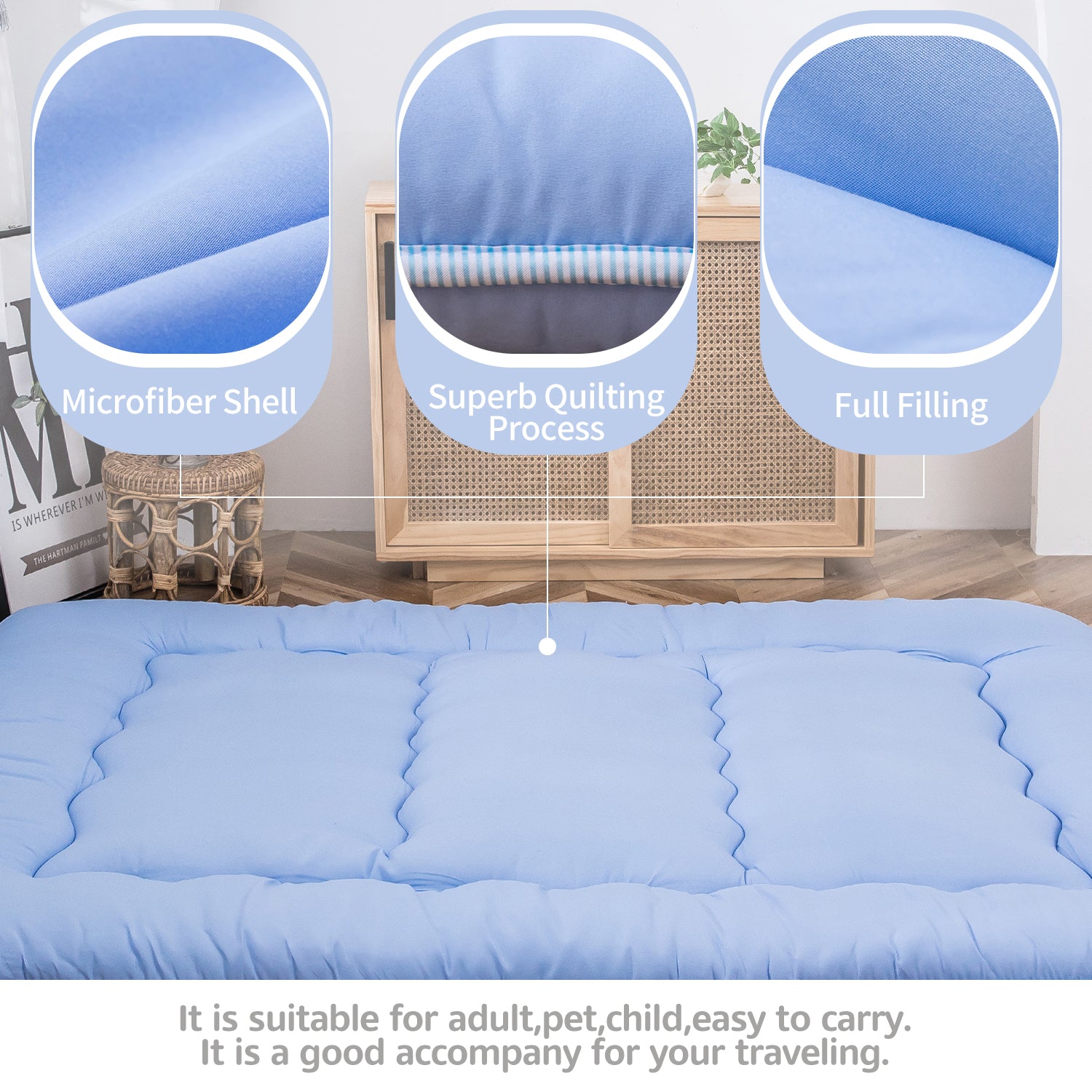 MAXYOYO Ultra Thick Japanese Floor Futon Mattress - Dusty Blue | Comfortable Sleeping & Lounging for Small Spaces, Guest Rooms & Minimalist Homes