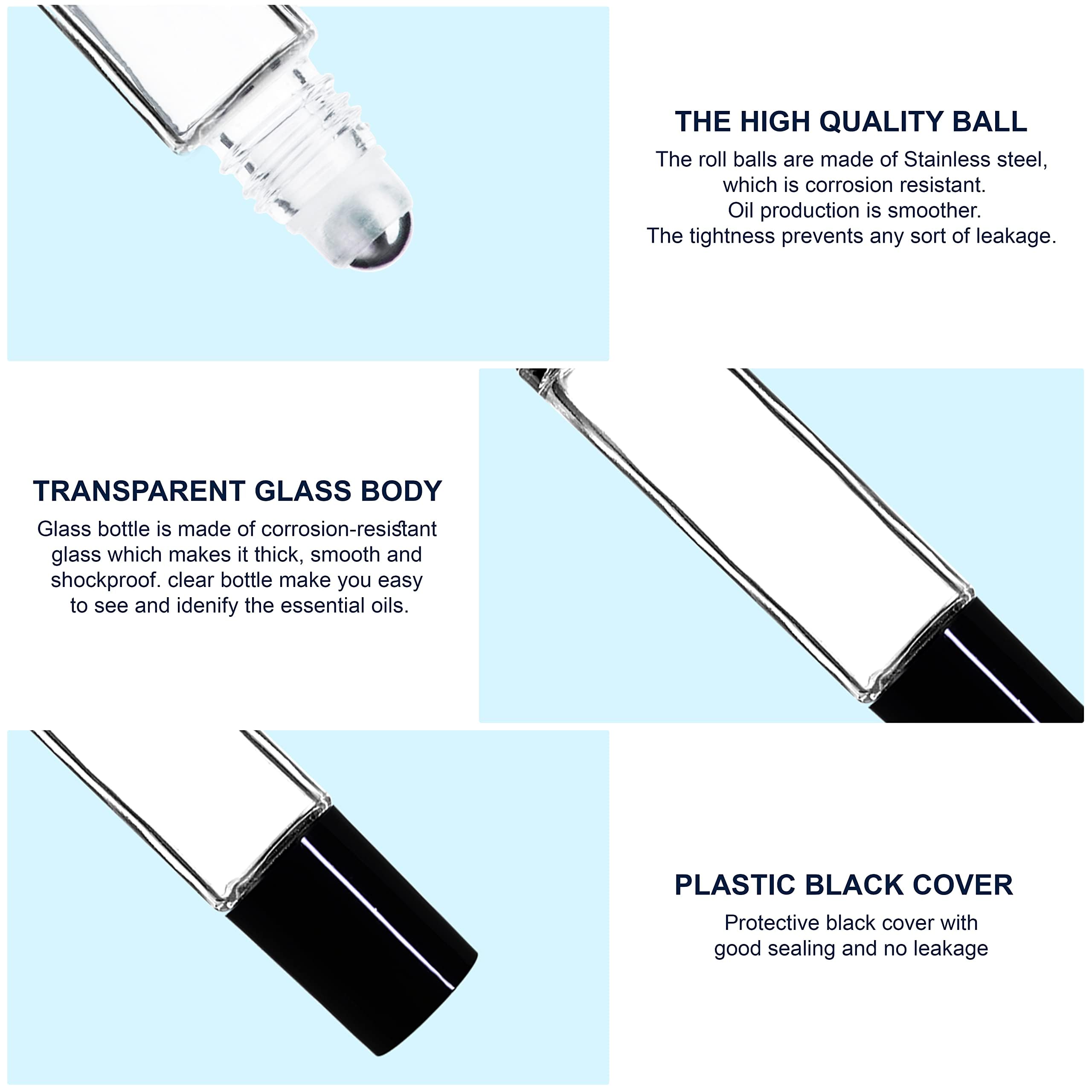 10ml Empty Clear Glass Roll On Bottles with Black Cap - Essential Oils, Perfumes, Lip Balms Refillable Container (Pack of 3) | Perfect for DIY Aromatherapy, Travel Size Toiletries & Handmade Beauty Products