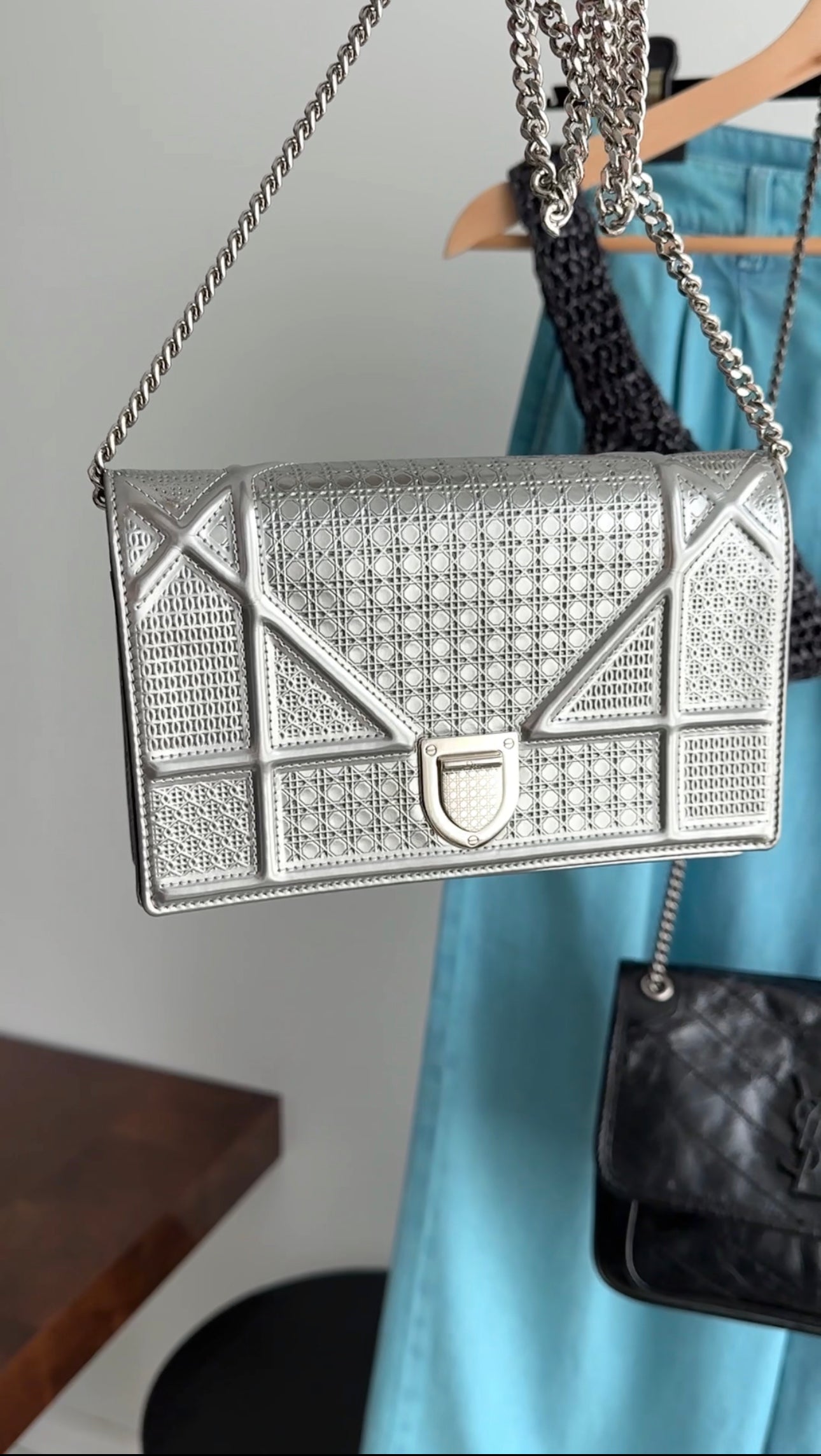 Dior Silver Microcannage Diorama Wallet on Chain - Luxury Crossbody Bag for Women, Perfect for Evening Parties & Special Occasions
