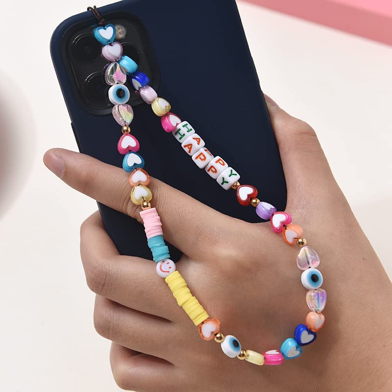 SYSUII Beaded Phone Lanyard Wrist Strap - Kawaii Love Heart Letters Beaded Charm, Handmade Colorful Rainbow Aesthetic Phone Chain for Women & Girls | Pearl Bracelet Keychain, Cute Phone Decoration | Perfect for Smartphones, Keys, ID Cards & Fashion Accessories