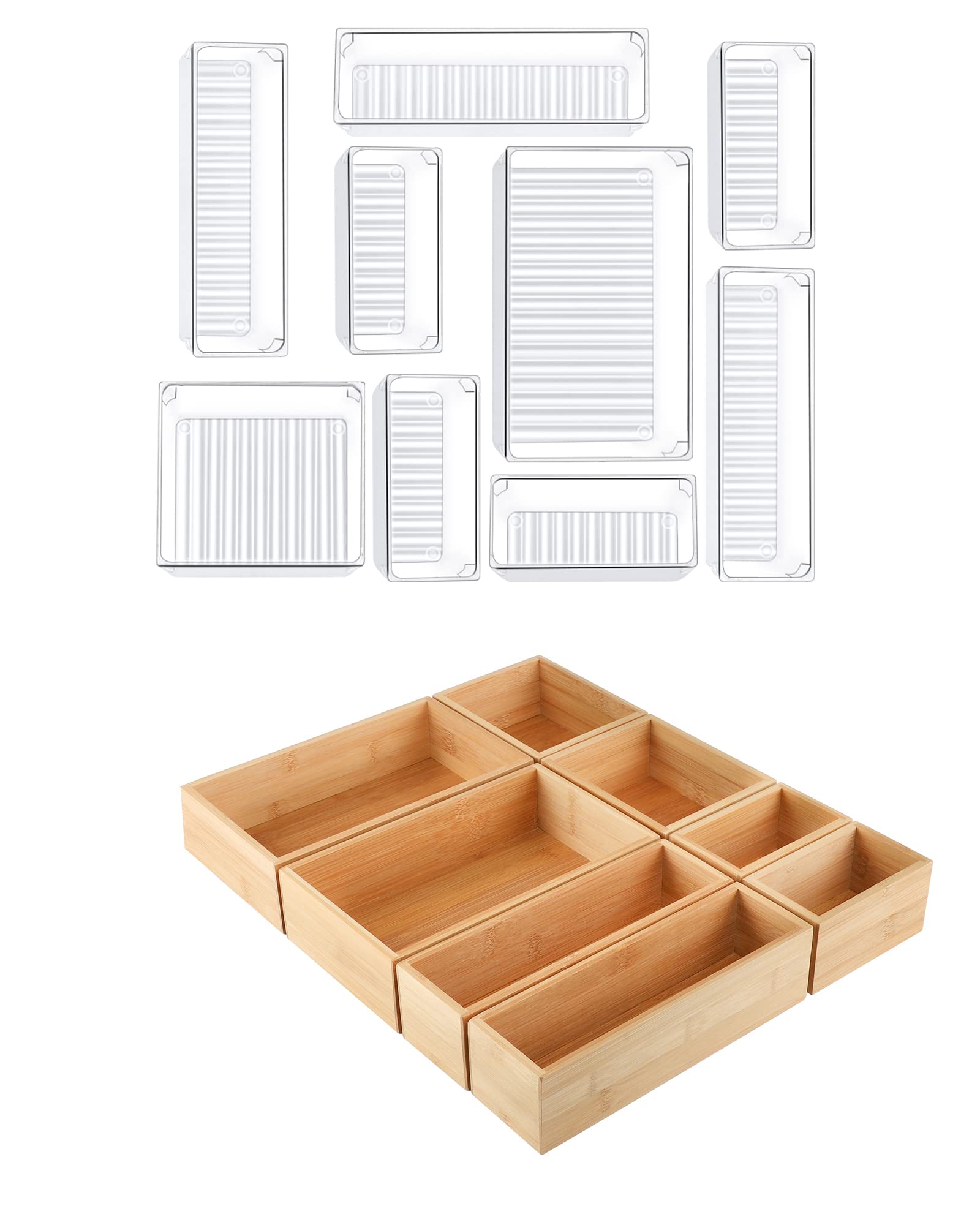 Kootek 9-Piece Plastic Drawer Organizer & 8-Piece Bamboo Drawer Organizer Set - Perfect for Kitchen, Bathroom, Office & Bedroom Storage Organization
