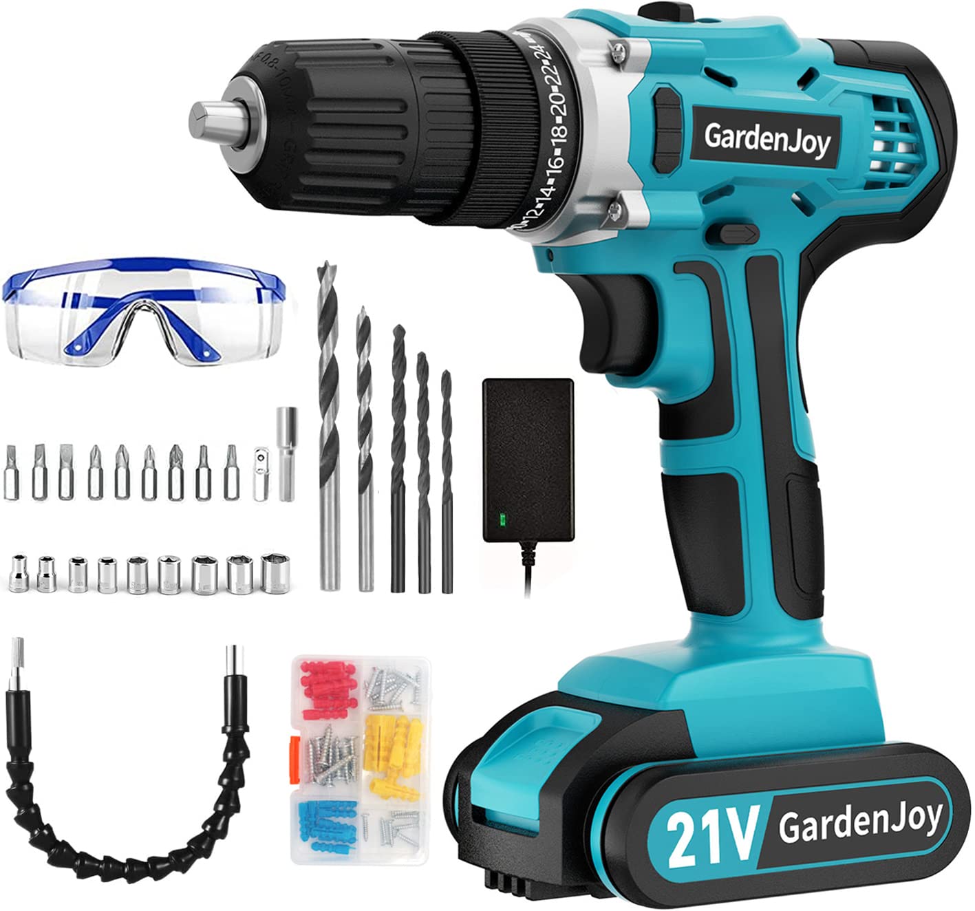 **GardenJoy 21V Cordless Power Drill Set with Battery & Charger - 3/8