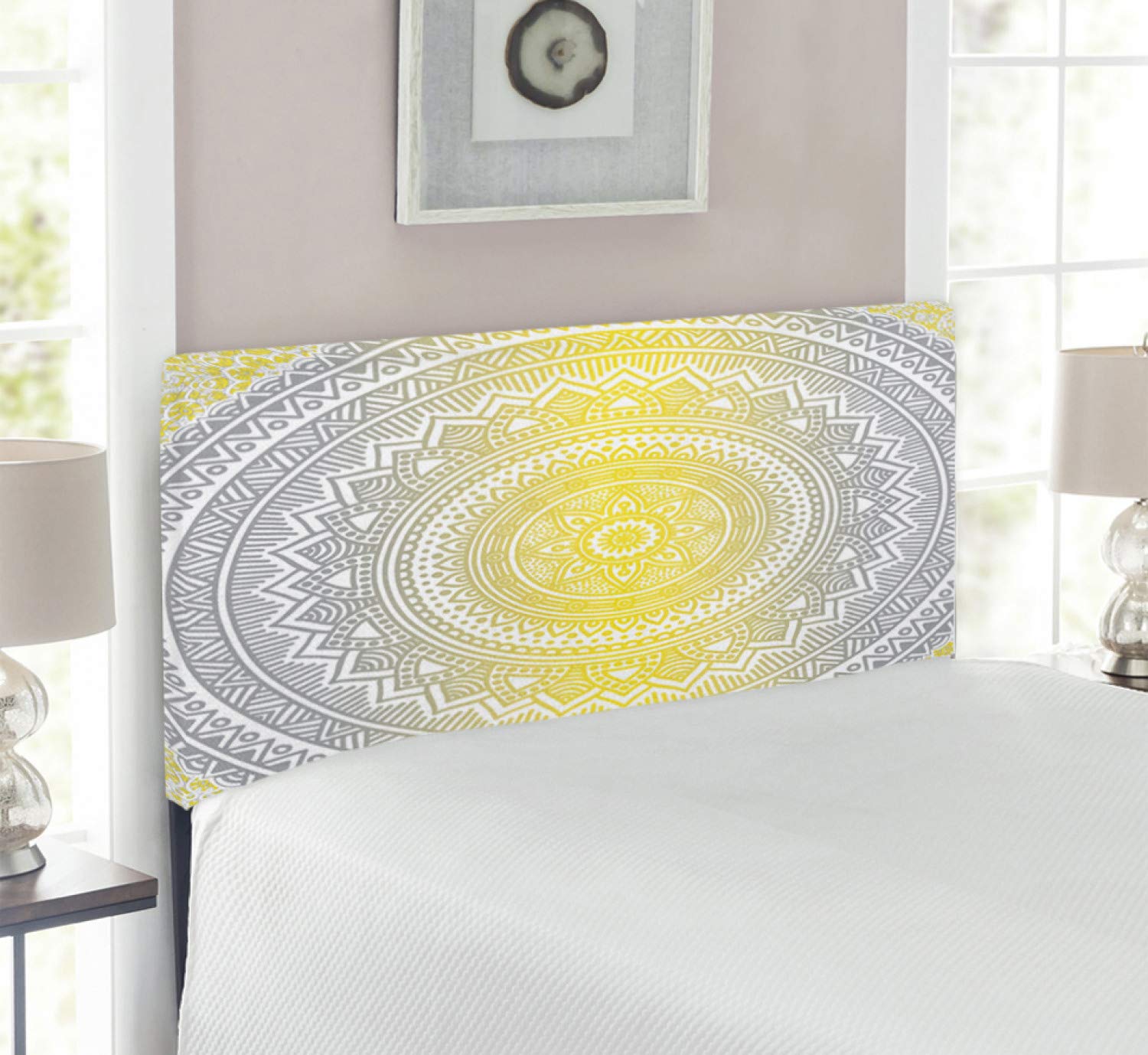 Ambesonne Grey and Yellow Upholstered Headboard with Memory Foam - Twin Size Soft Pastel Ombre Mandala Circular Art Medallion Print - Perfect for Bedroom Decor, Guest Rooms & Dorm Furniture