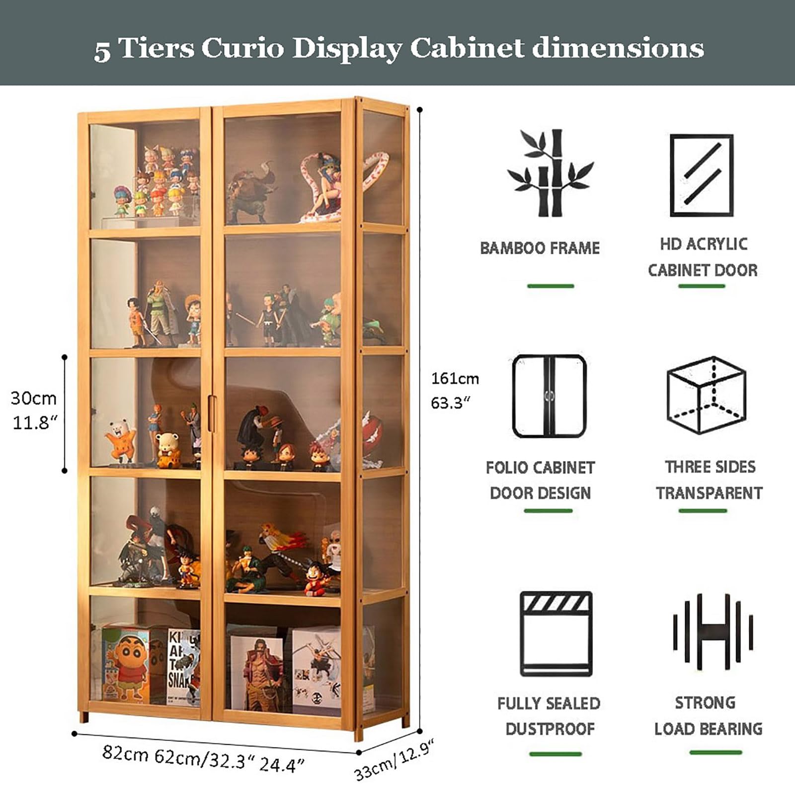 5-Tier Curio Display Cabinet with Clear Acrylic Doors - Transparent Bamboo Floor Standing Bookcase for Collectibles, Figures & Books | Perfect for Living Room, Office or Game Room Decor