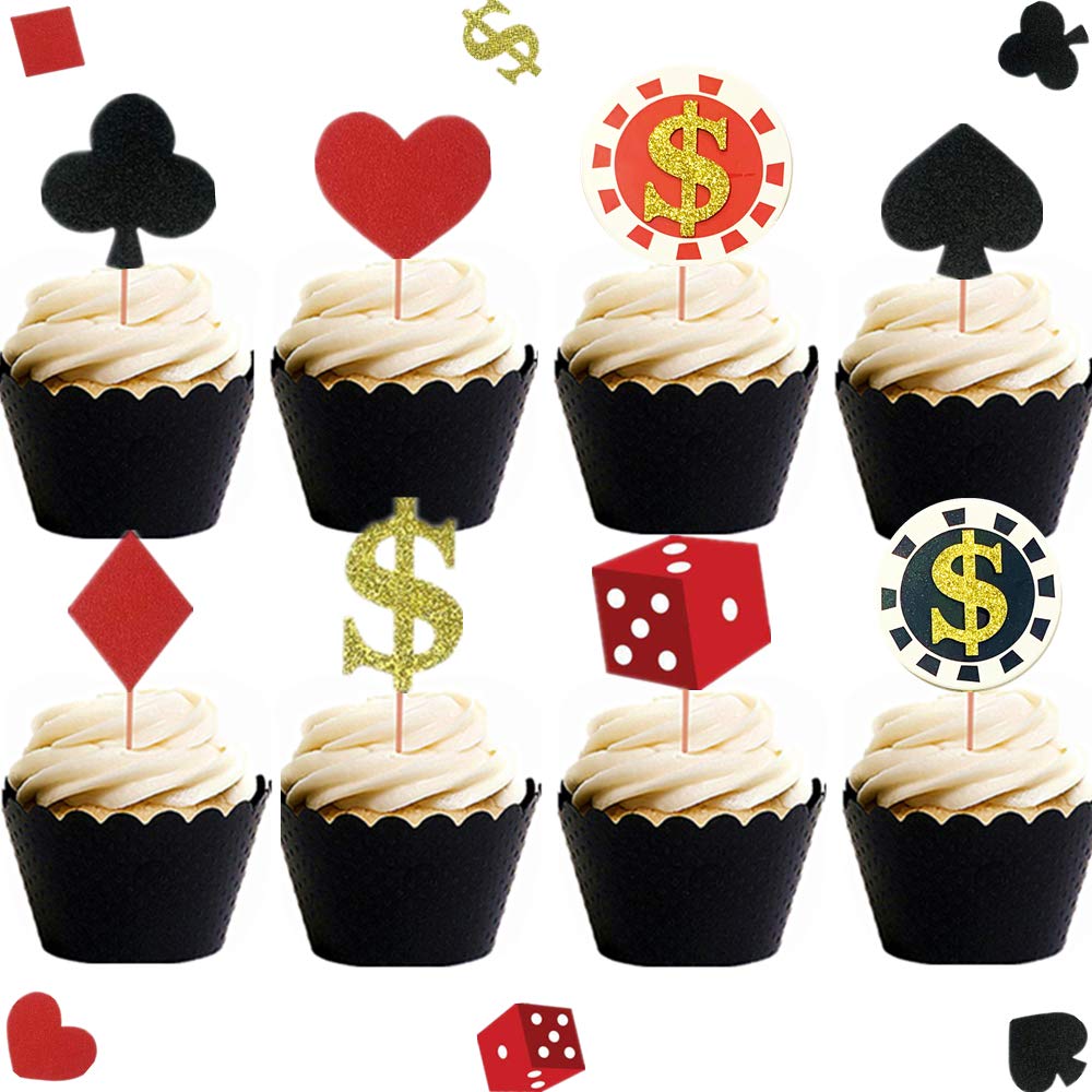 LaVenty 32PCS Casino Cupcake Toppers - Poker & Vegas Theme Cake Decorations for Casino Party, Gambling Birthday, Bachelorette & Themed Events
