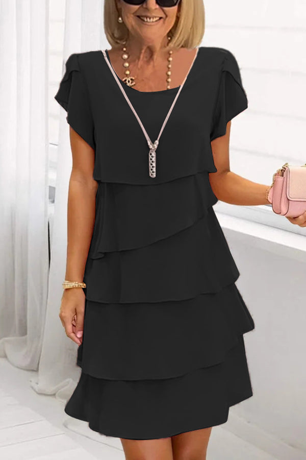 Solid Color Round Neck Short Sleeve Casual Multi-Layered Mini Dress for Women - Summer Beach Party, Date Night & Everyday Wear