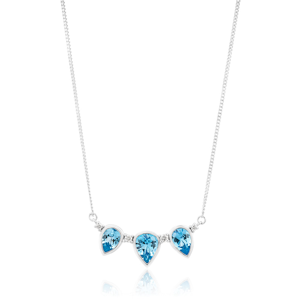 9ct White Gold Swiss Blue Topaz Teardrop Pendant Necklace with Diamond Accents - 40cm Chain for Women - Perfect for Weddings, Anniversaries & Special Occasions