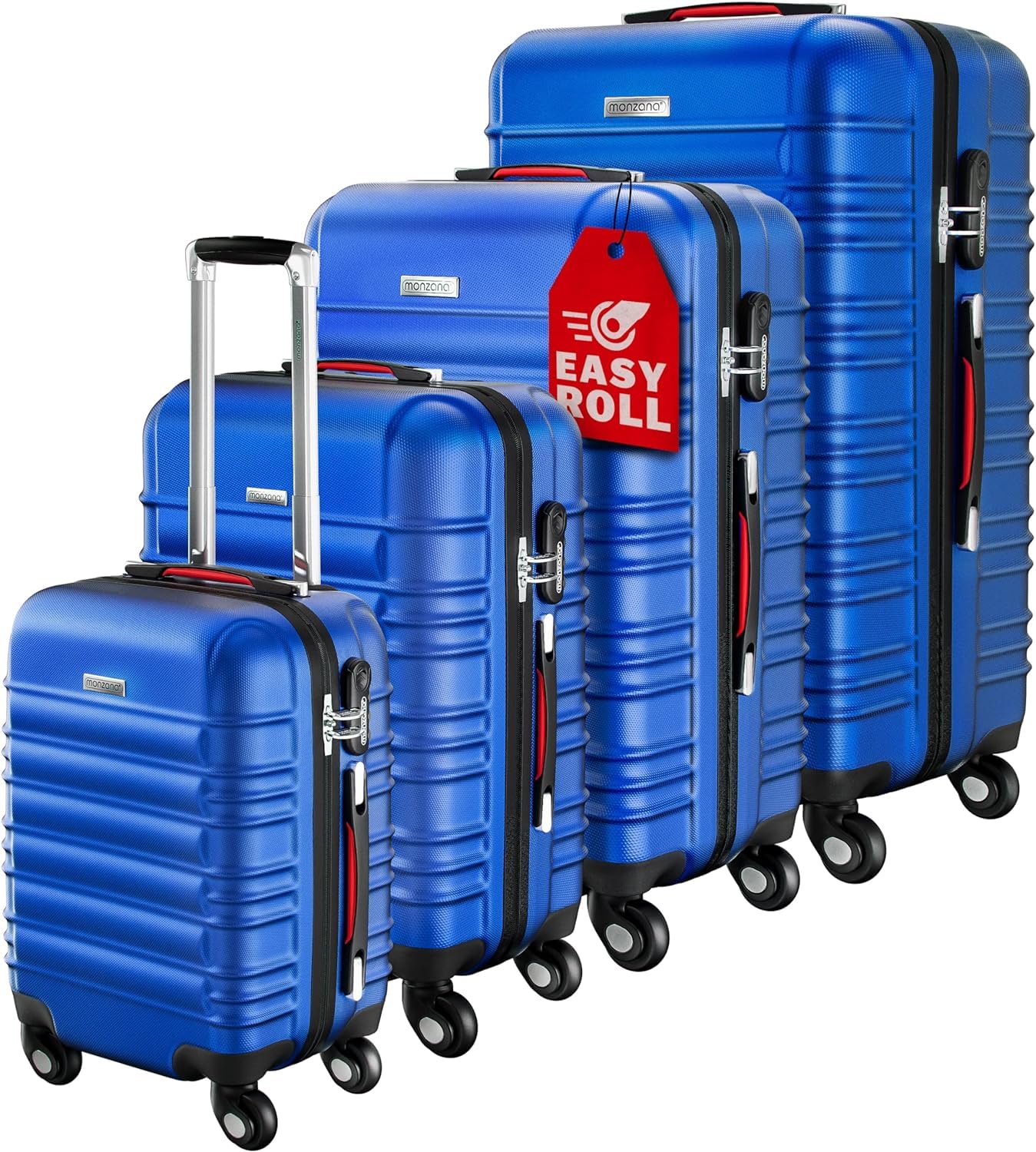 MONZANA® 4-Piece ABS Hard Shell Luggage Set (S, M, L, XL) with 360° Spinner Wheels, Gel Handles & Locking Feet - Blue - Perfect for Business Travel, Family Vacations & International Trips