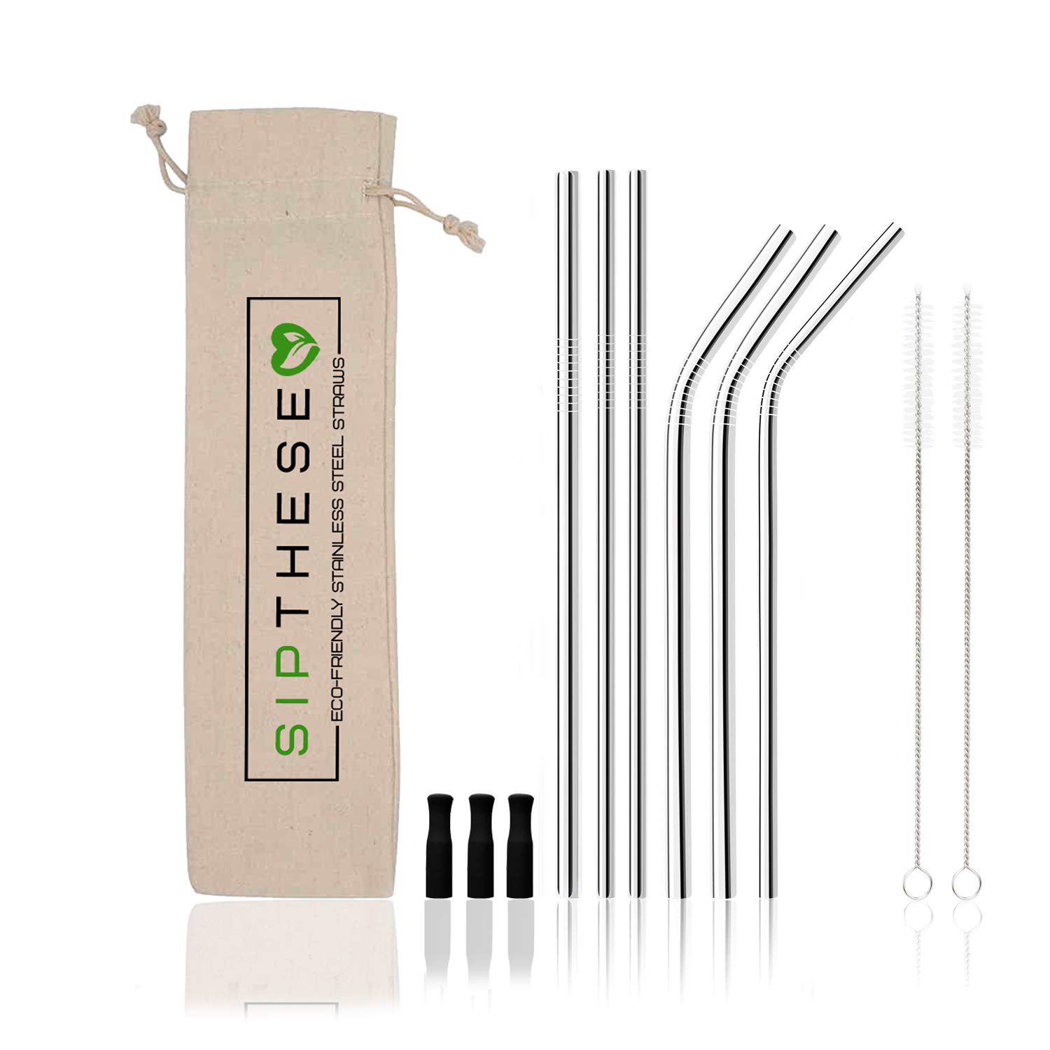 Eco-Friendly 6-Pack Reusable Stainless Steel Straws with Silicone Tips | Includes 2 Cleaning Brushes & Canvas Travel Pouch | BPA-Free Metal Drinking Straws for Smoothies, Iced Coffee & Cocktails | Dishwasher Safe