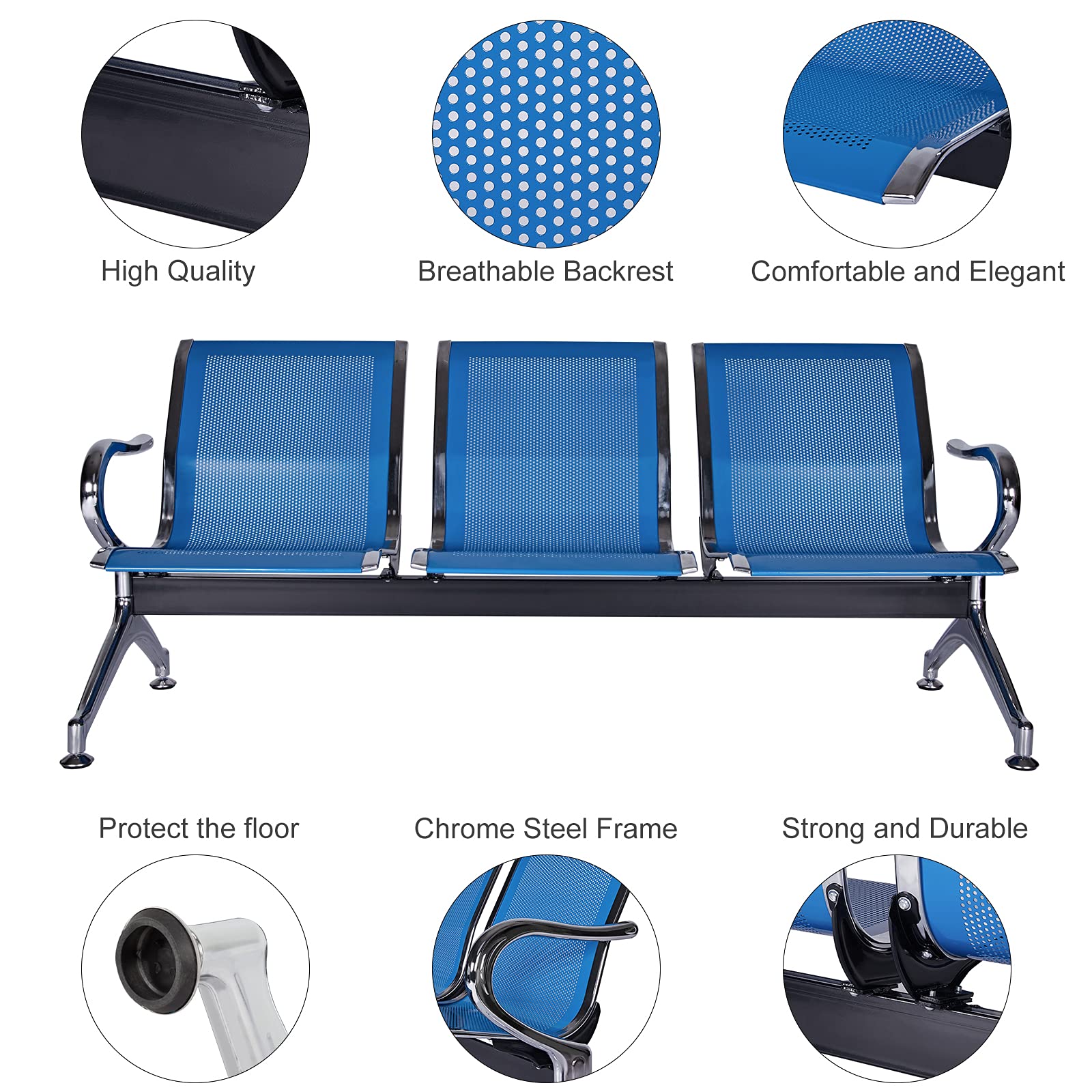 3-Seat Waiting Room Chairs with Arms - Durable Reception Bench for Airport, Hospital, Bank & School Lobby - Comfortable Guest Seating Solution for High-Traffic Areas - Blue