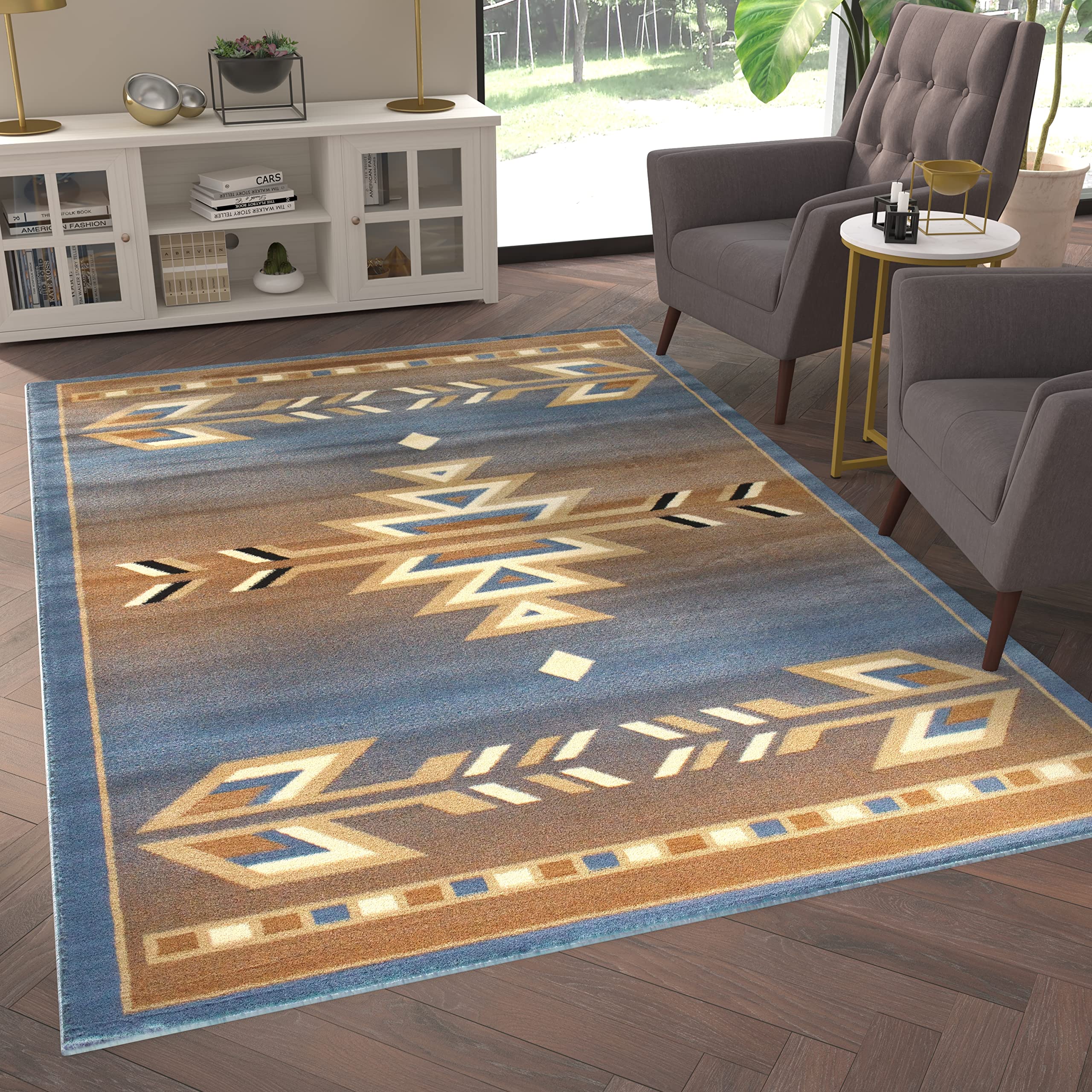EMMA + OLIVER Reno Olefin Accent Rug 6x9 Feet - Southwestern Geometric Arrow Pattern in Blue, Black, Beige & Ivory - Stain & Moisture Resistant Indoor Outdoor Rug with Jute Backing - Perfect for Living Room, Bedroom, or Patio Decor
