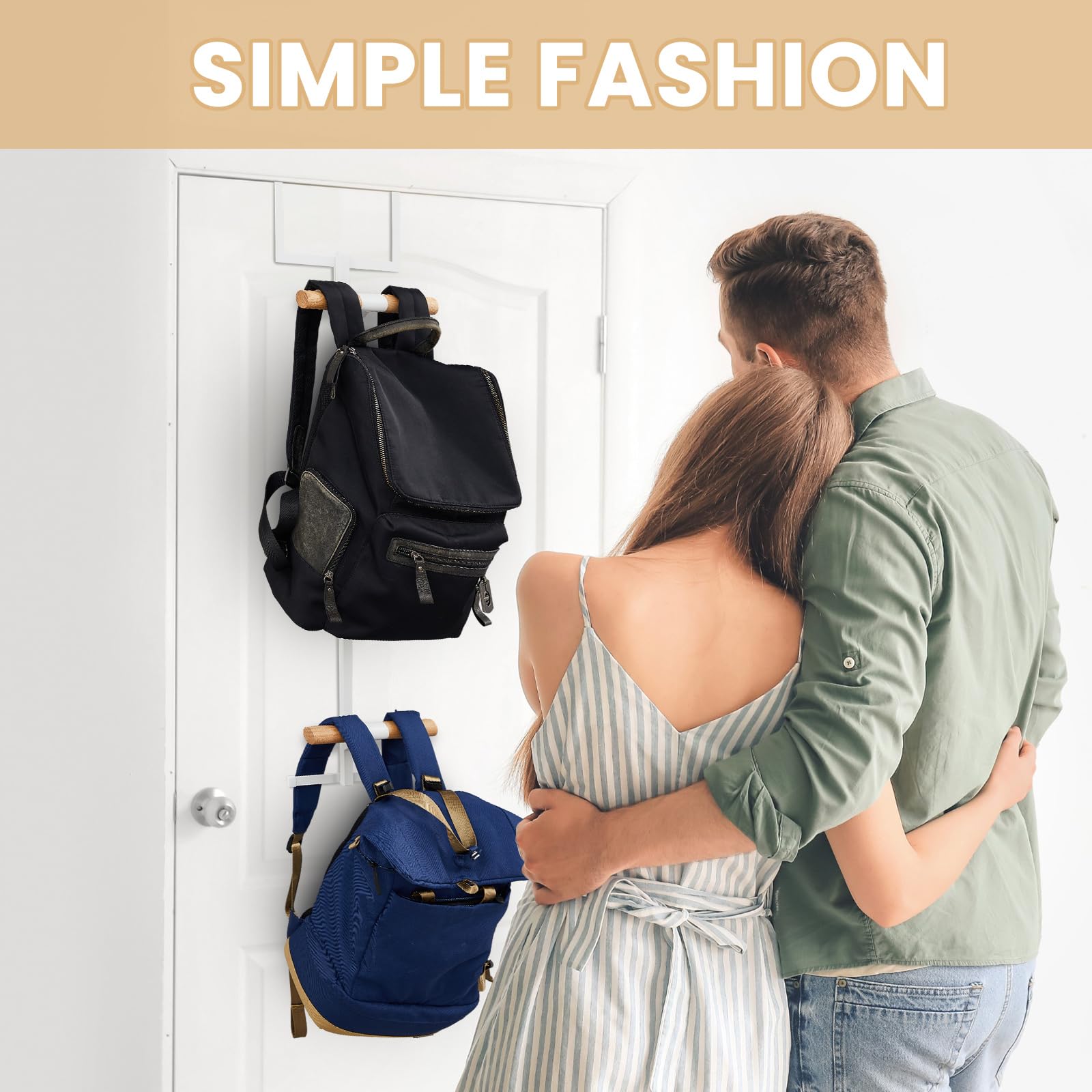 Briwooody Over The Door Backpack Hanger - 2 Tier Metal Storage Rack for School Bags, Closet & Bedroom Organization - Easy Install White Hook for Space Saving (Perfect for Dorm, Kids Room & Small Spaces)