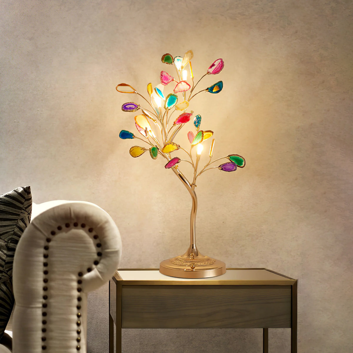Agate Table Lamp - Natural Stone Nightstand Lamp for Bedroom, Living Room, Office - Handcrafted Crystal Base with Warm White LED Bulb - Perfect for Home Decor, Meditation & Relaxation Spaces