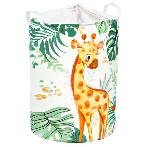 Clastyle Tropical Leaves & Woodland Animal Laundry Basket - Cute Giraffe & Bird Decor, Baby Clothes Hamper, Round Toy Storage Basket for Nursery, Kids Room - Perfect for Baby Shower Gifts & Toddler Organization