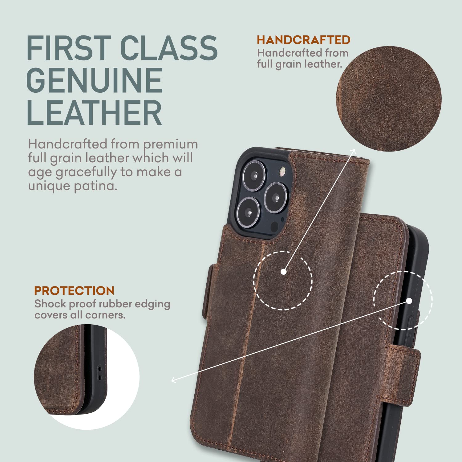 Bayelon Premium Full Grain Leather Wallet Case for iPhone 13 Pro Max - Magnetic Folio Flip Cover with Card Slots & Kickstand, MagSafe Compatible (Dark Brown) | Perfect for Business, Travel & Everyday Protection